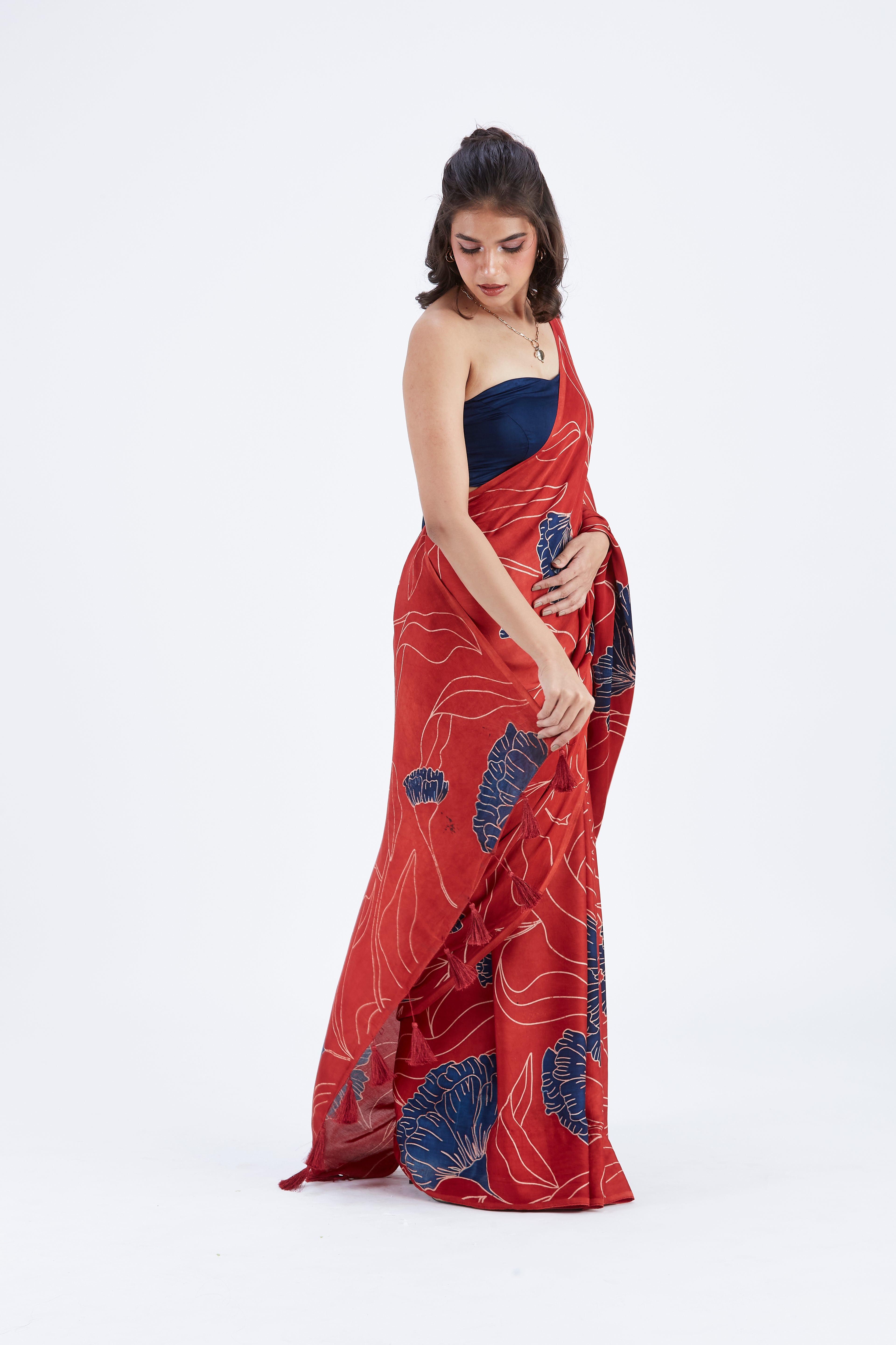 Kaia Red Modal Saree at Kamakhyaa by Hasttvam. This item is Ete by Hasttvam, Floral Prints, Hand Printed, Modal, Red, Under $50, Wedding Wear, Womenswear
