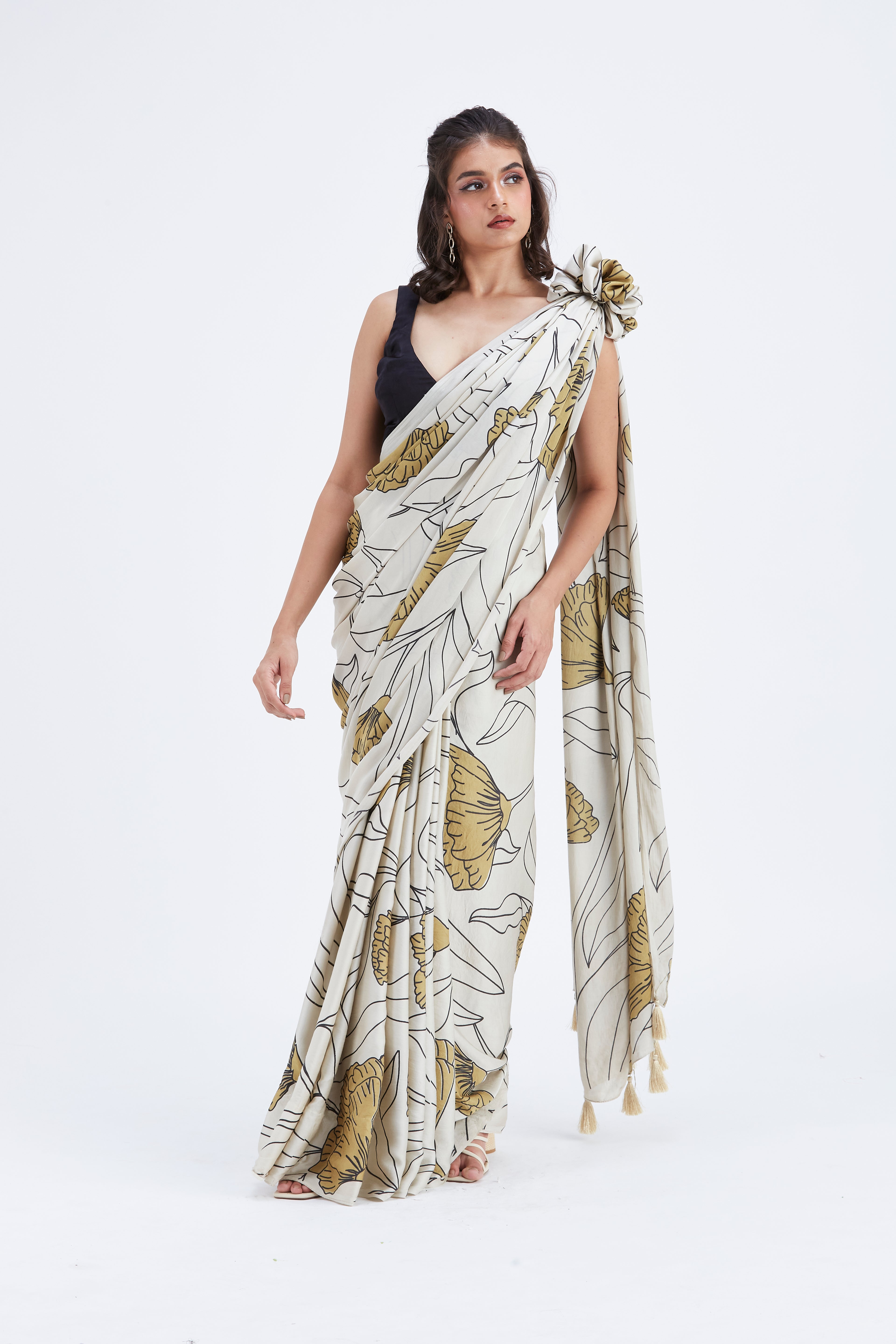 Kaia White Modal Saree at Kamakhyaa by Hasttvam. This item is Ete by Hasttvam, Floral Prints, Hand Printed, Modal, Under $50, Wedding Wear, White, Womenswear