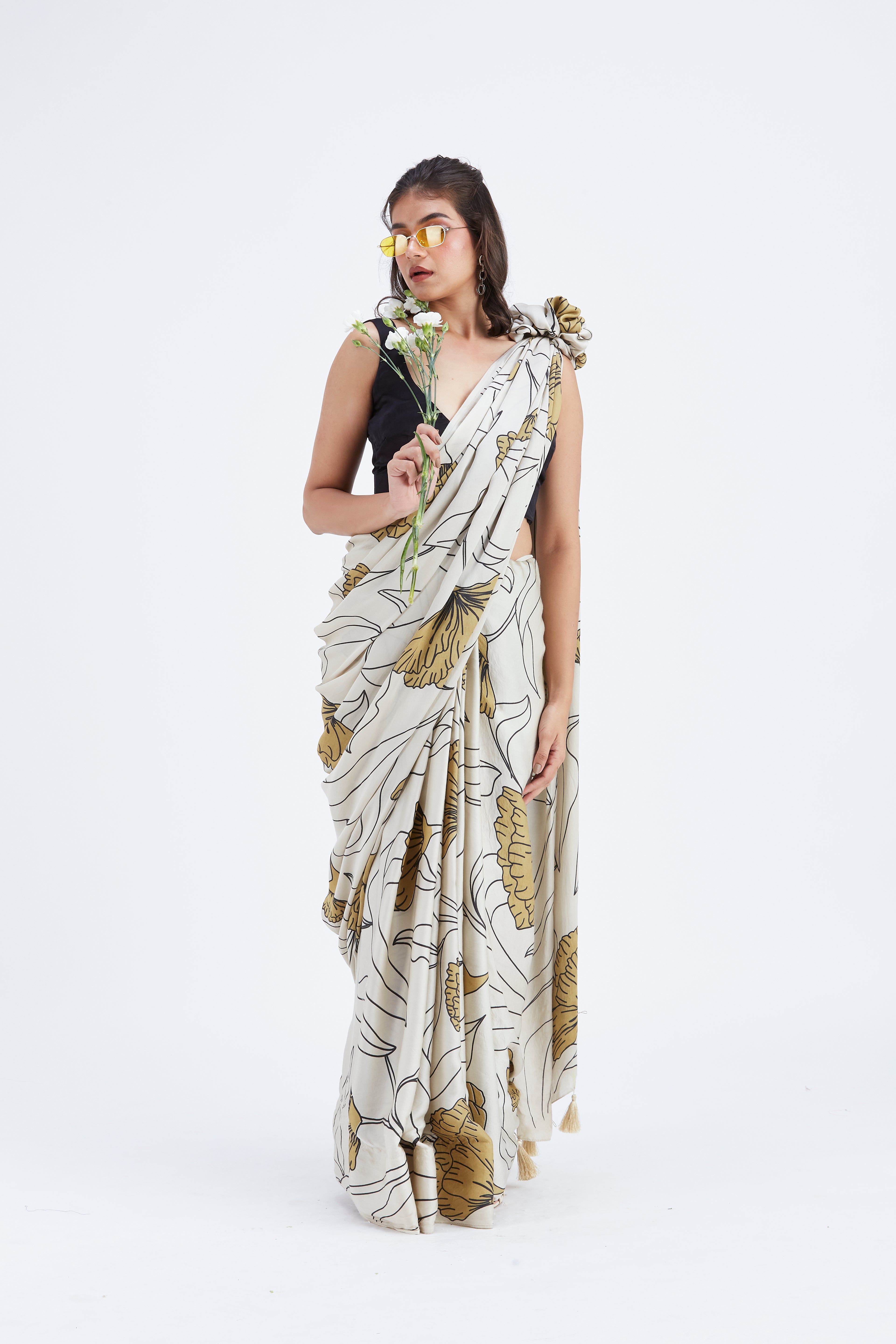 Kaia White Modal Saree at Kamakhyaa by Hasttvam. This item is Ete by Hasttvam, Floral Prints, Hand Printed, Modal, Under $50, Wedding Wear, White, Womenswear