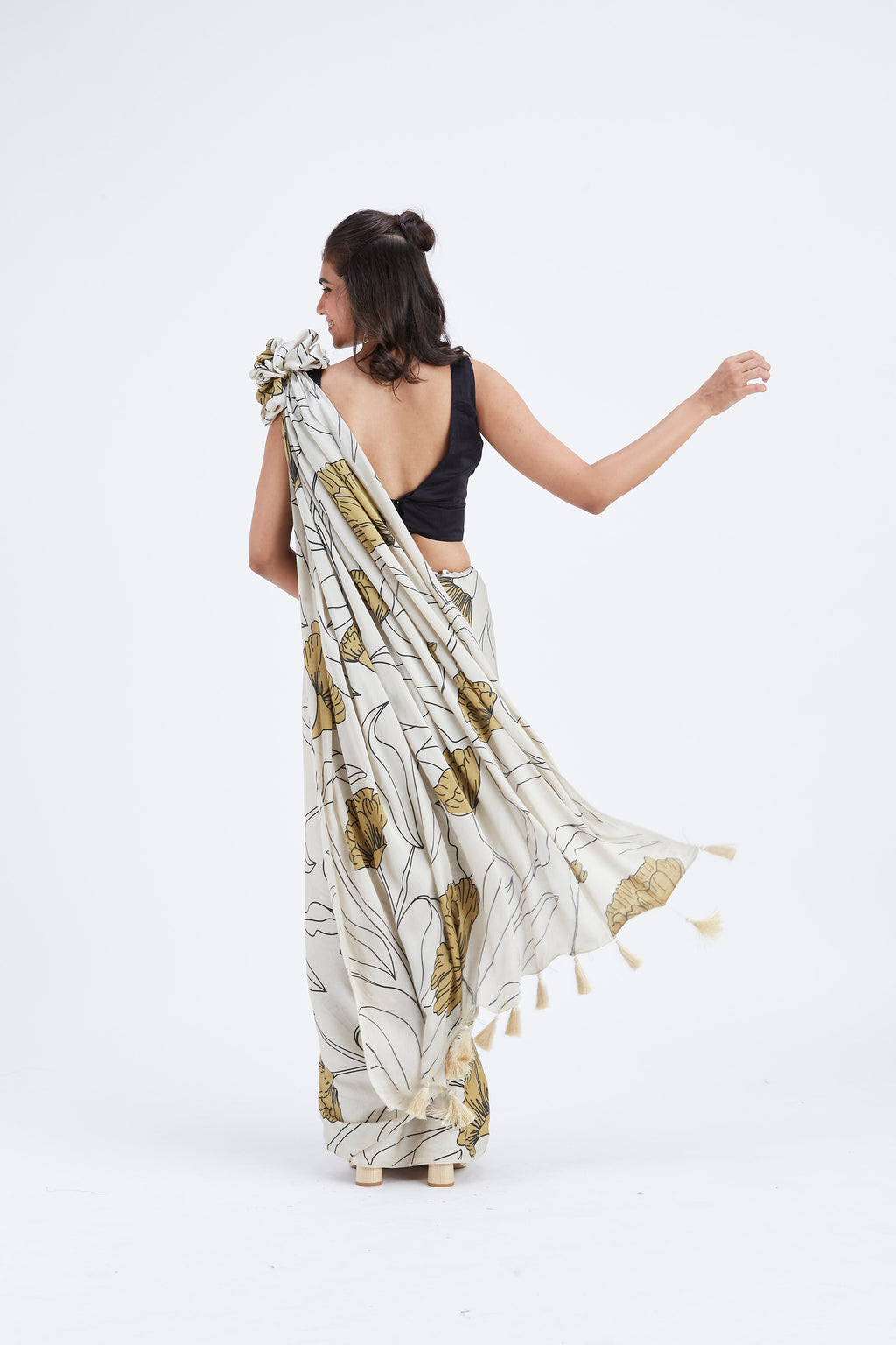 Kaia White Modal Saree at Kamakhyaa by Hasttvam. This item is Ete by Hasttvam, Floral Prints, Hand Printed, Modal, Under $50, Wedding Wear, White, Womenswear