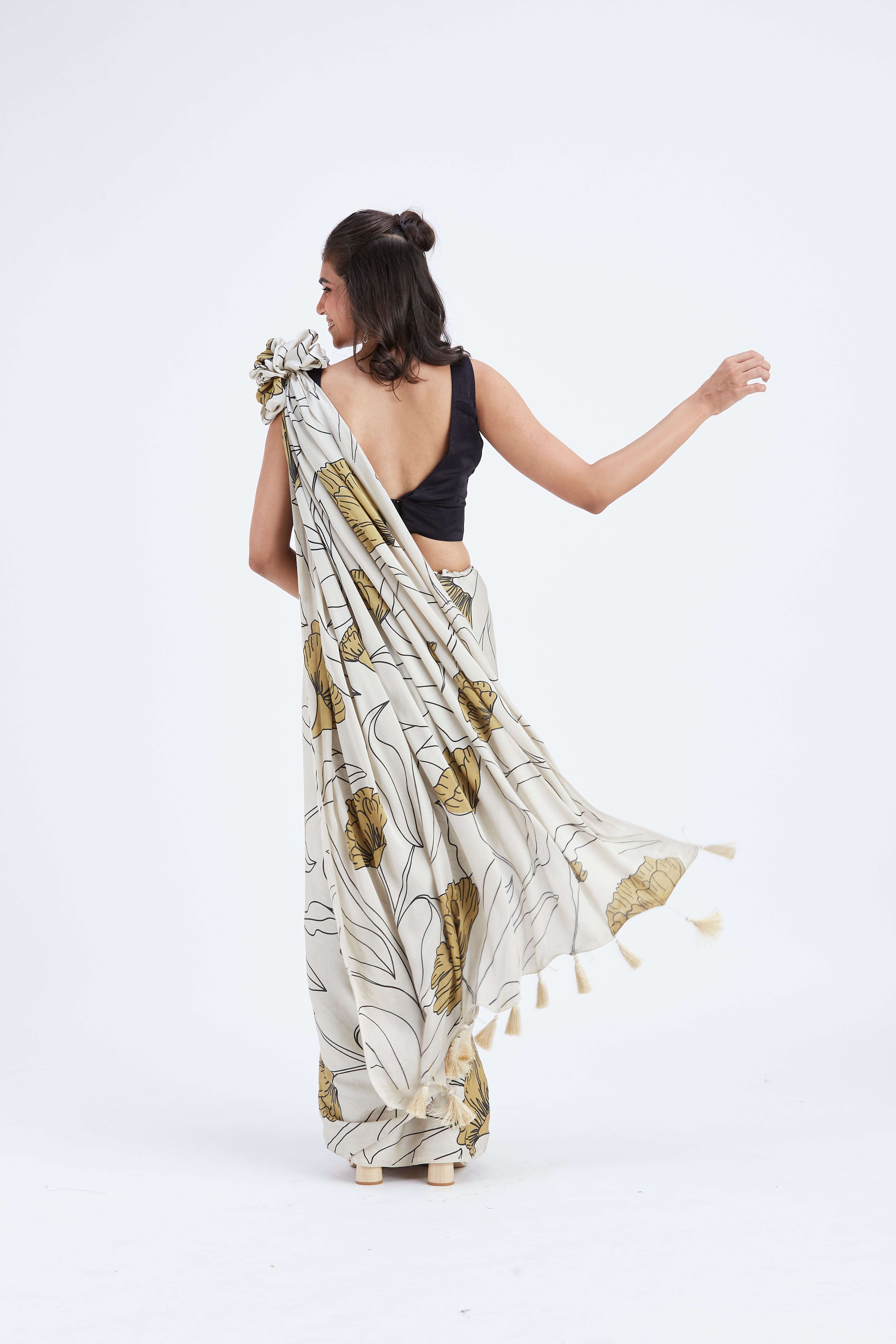Kaia White Modal Saree at Kamakhyaa by Hasttvam. This item is Ete by Hasttvam, Floral Prints, Hand Printed, Modal, Under $50, Wedding Wear, White, Womenswear
