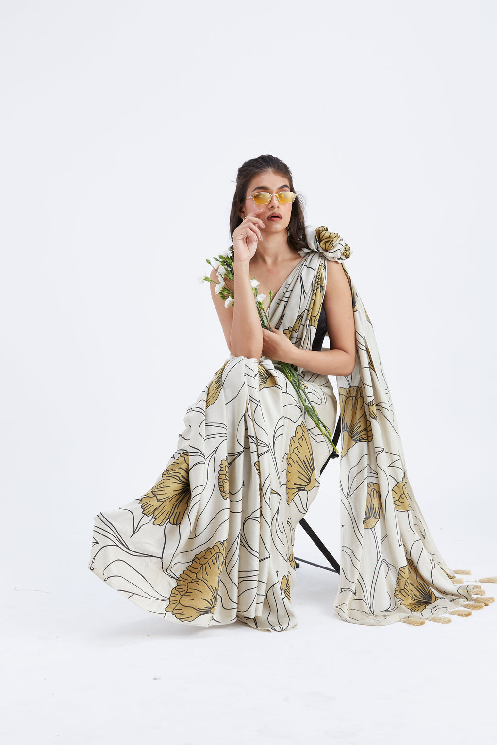 Kaia White Modal Saree at Kamakhyaa by Hasttvam. This item is Ete by Hasttvam, Floral Prints, Hand Printed, Modal, Under $50, Wedding Wear, White, Womenswear