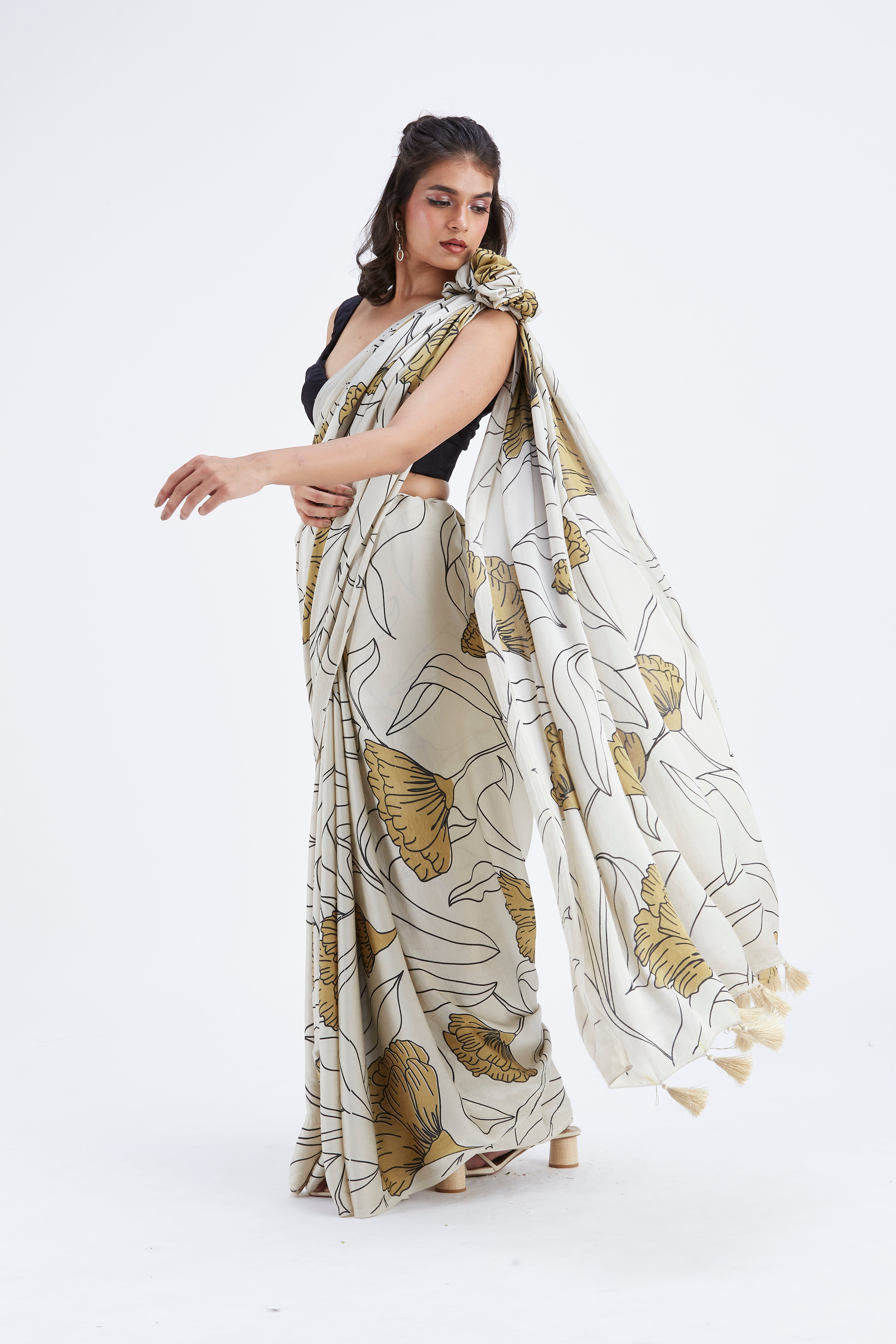 Kaia White Modal Saree at Kamakhyaa by Hasttvam. This item is Ete by Hasttvam, Floral Prints, Hand Printed, Modal, Under $50, Wedding Wear, White, Womenswear