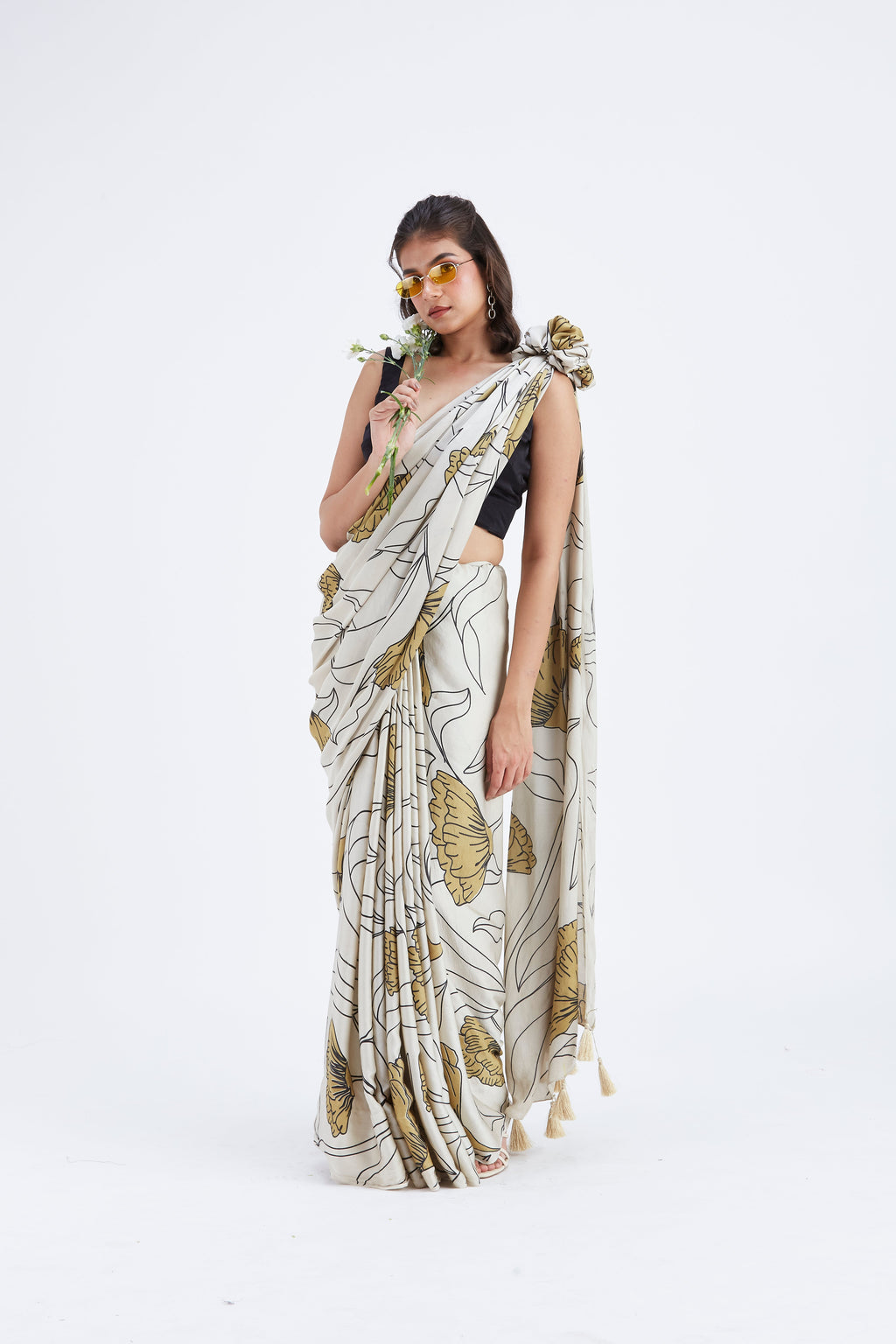 Kaia White Modal Saree at Kamakhyaa by Hasttvam. This item is Ete by Hasttvam, Floral Prints, Hand Printed, Modal, Under $50, Wedding Wear, White, Womenswear