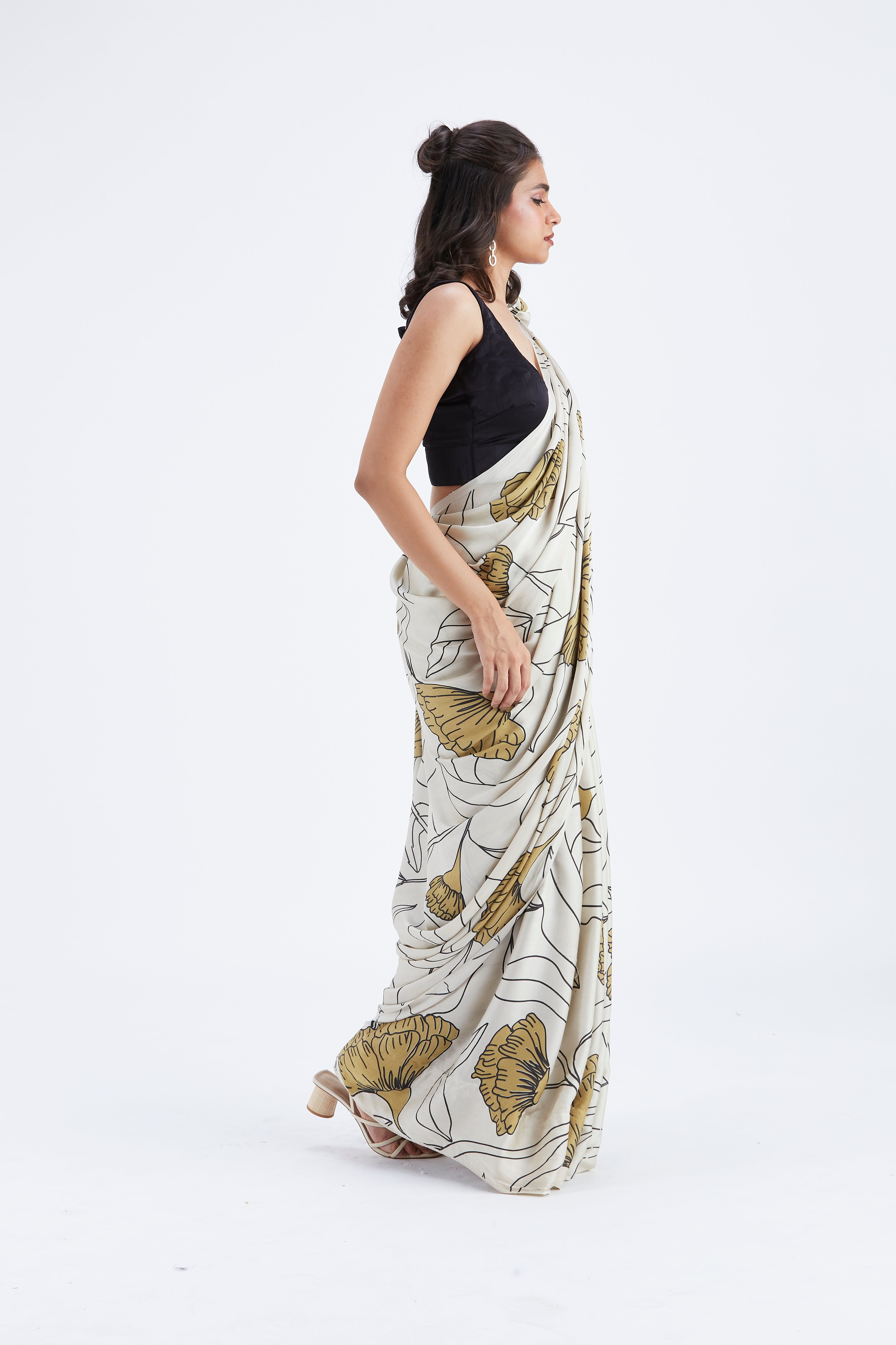 Kaia White Modal Saree at Kamakhyaa by Hasttvam. This item is Ete by Hasttvam, Floral Prints, Hand Printed, Modal, Under $50, Wedding Wear, White, Womenswear