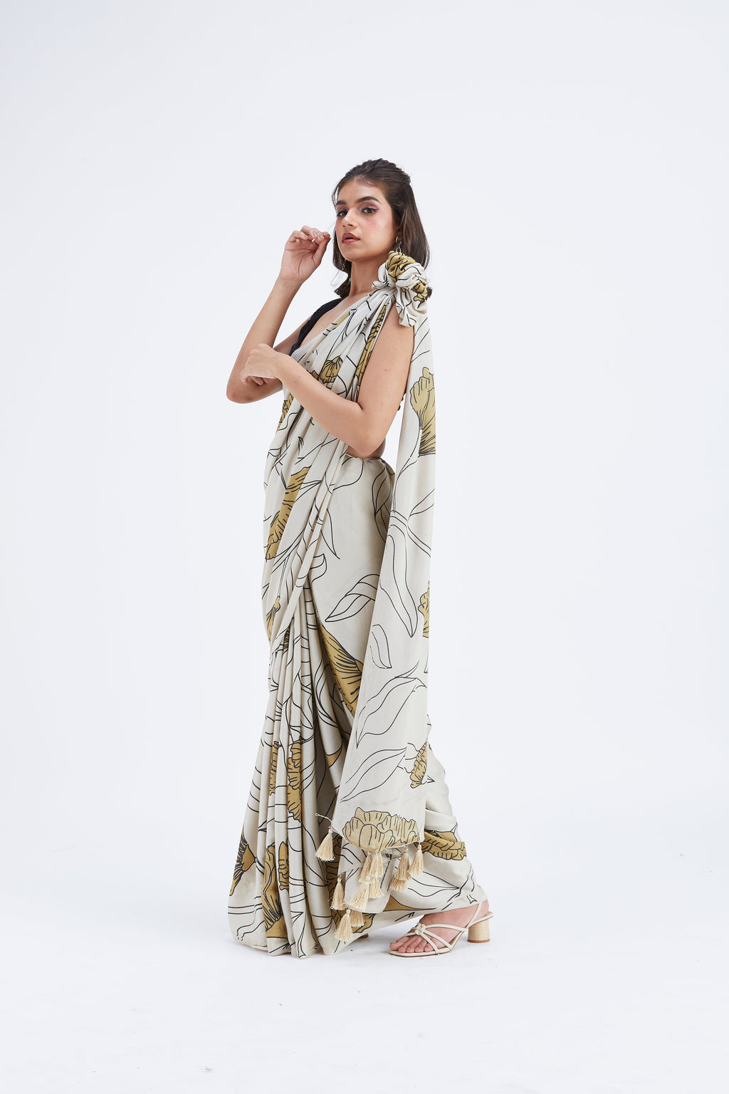 Kaia White Modal Saree at Kamakhyaa by Hasttvam. This item is Ete by Hasttvam, Floral Prints, Hand Printed, Modal, Under $50, Wedding Wear, White, Womenswear