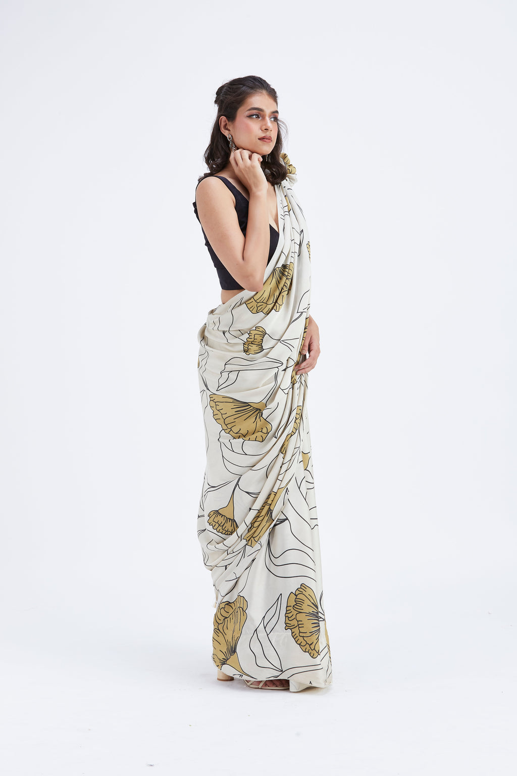 Kaia White Modal Saree at Kamakhyaa by Hasttvam. This item is Ete by Hasttvam, Floral Prints, Hand Printed, Modal, Under $50, Wedding Wear, White, Womenswear
