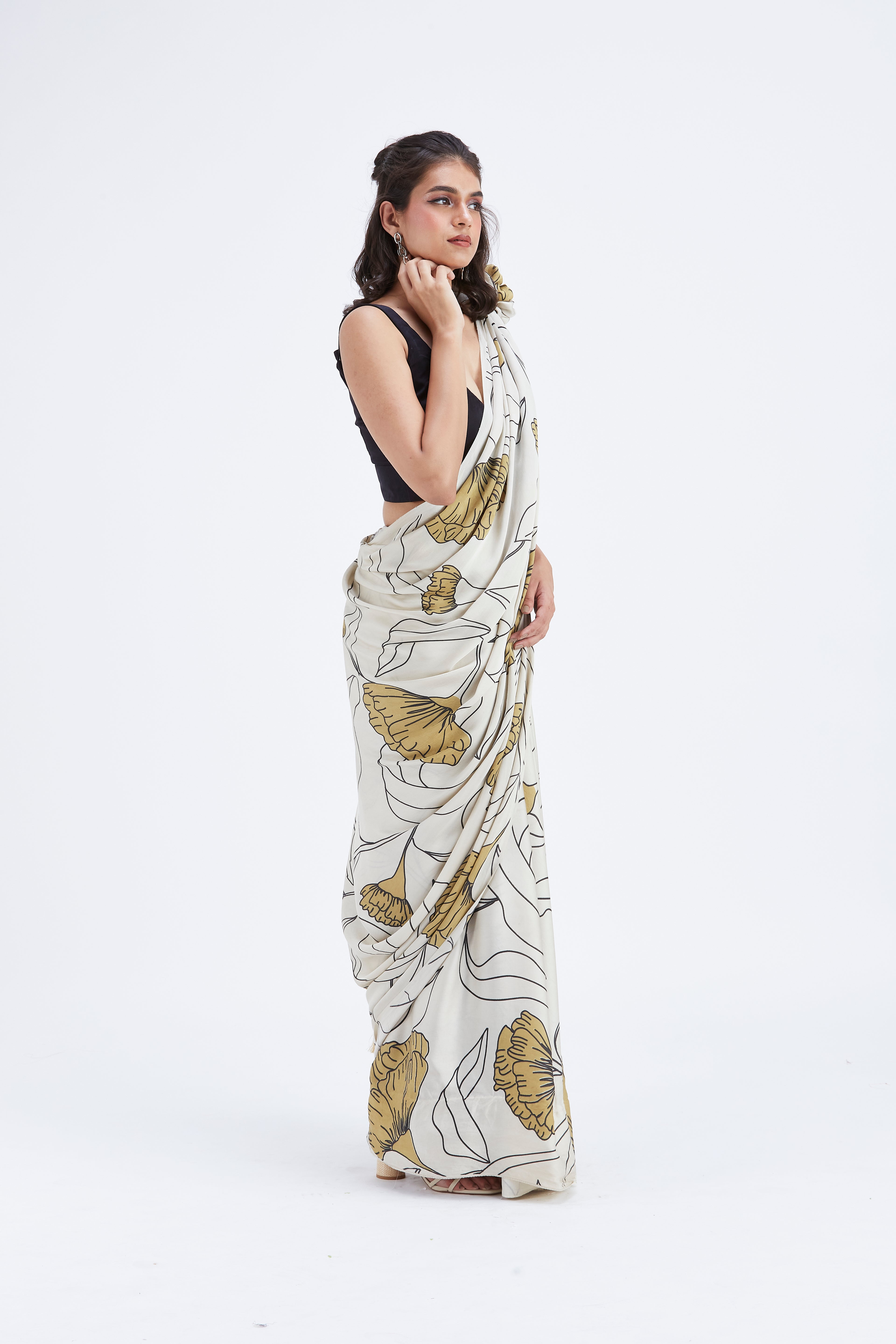 Kaia White Modal Saree at Kamakhyaa by Hasttvam. This item is Ete by Hasttvam, Floral Prints, Hand Printed, Modal, Under $50, Wedding Wear, White, Womenswear