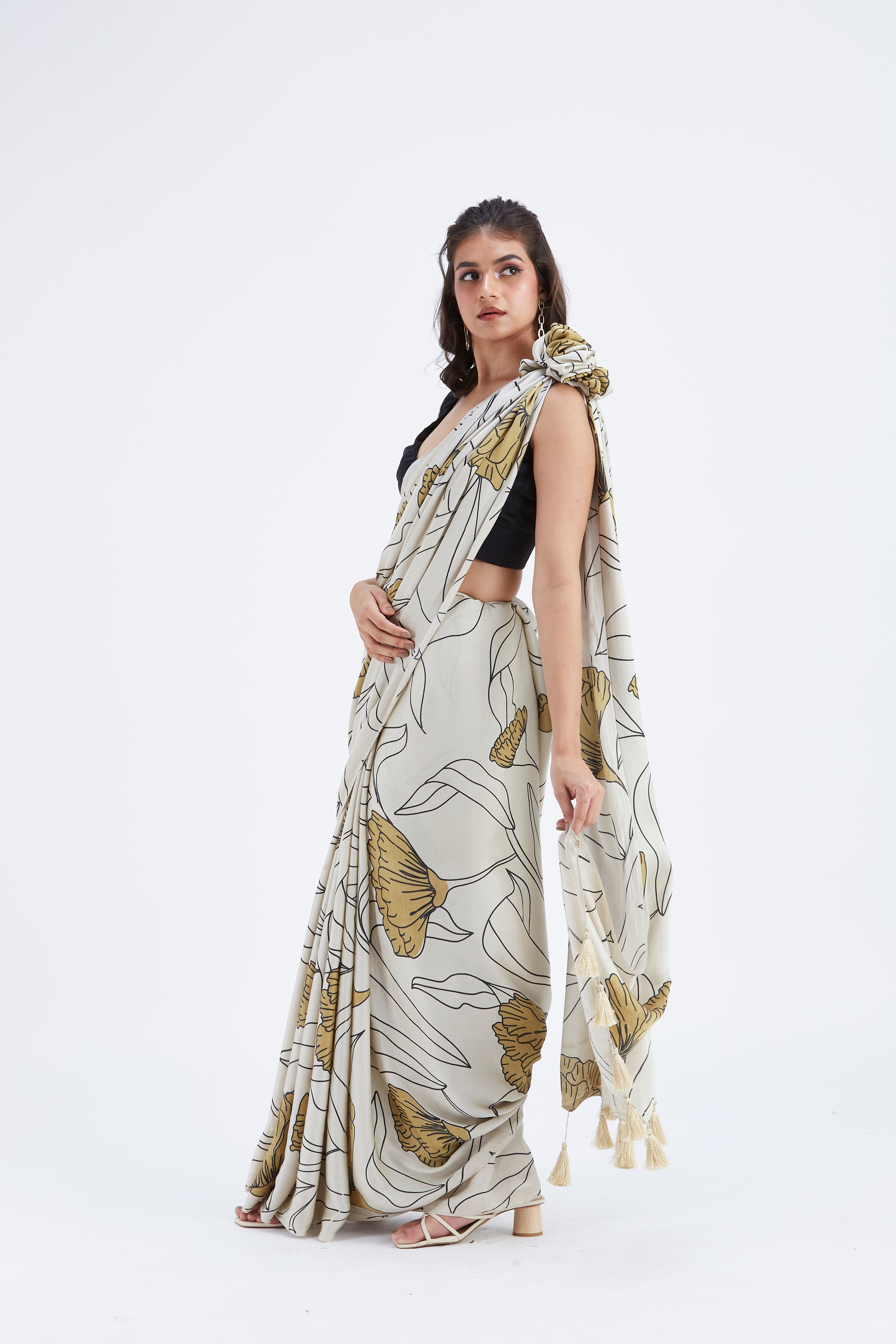 Kaia White Modal Saree at Kamakhyaa by Hasttvam. This item is Ete by Hasttvam, Floral Prints, Hand Printed, Modal, Under $50, Wedding Wear, White, Womenswear
