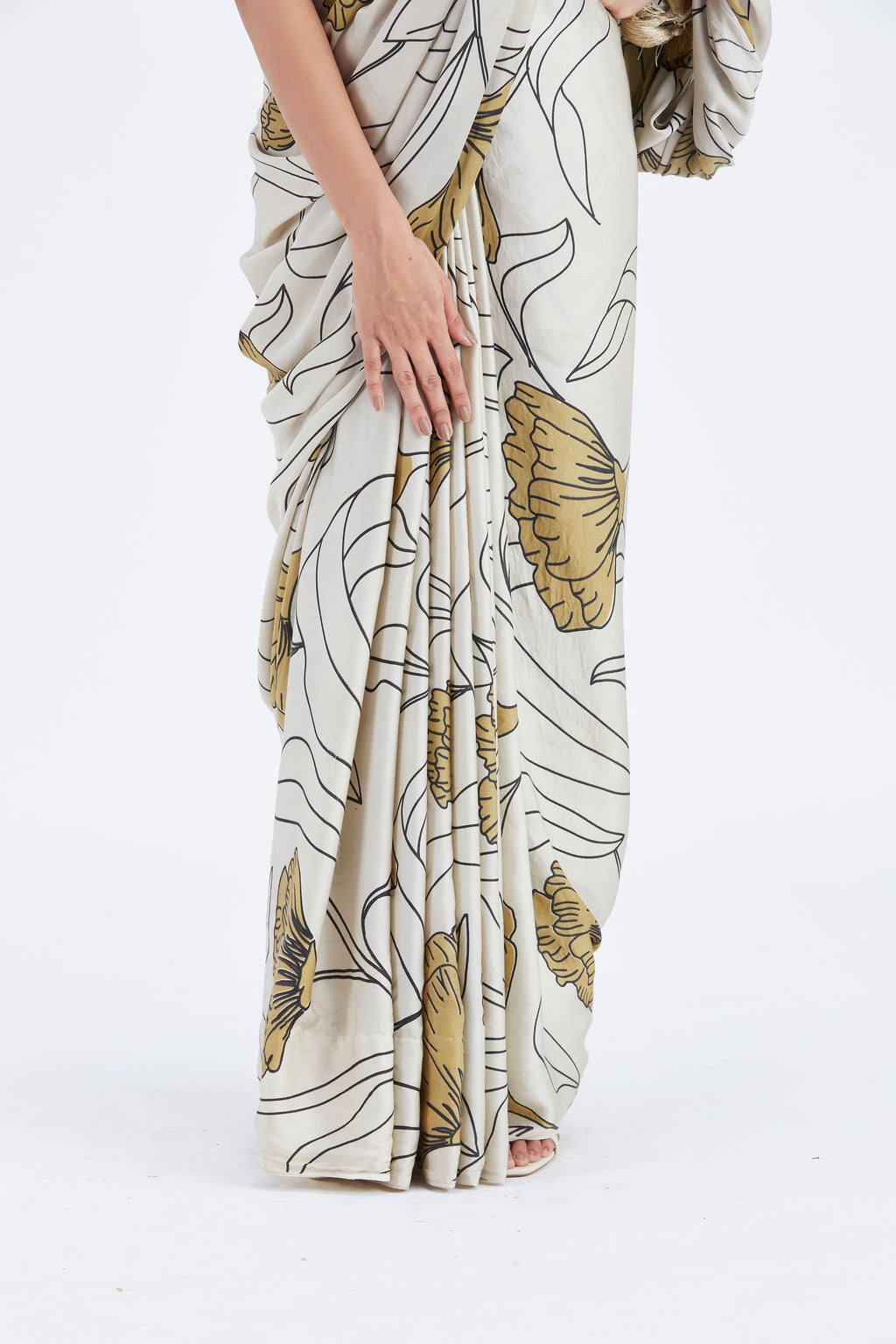 Kaia White Modal Saree at Kamakhyaa by Hasttvam. This item is Ete by Hasttvam, Floral Prints, Hand Printed, Modal, Under $50, Wedding Wear, White, Womenswear