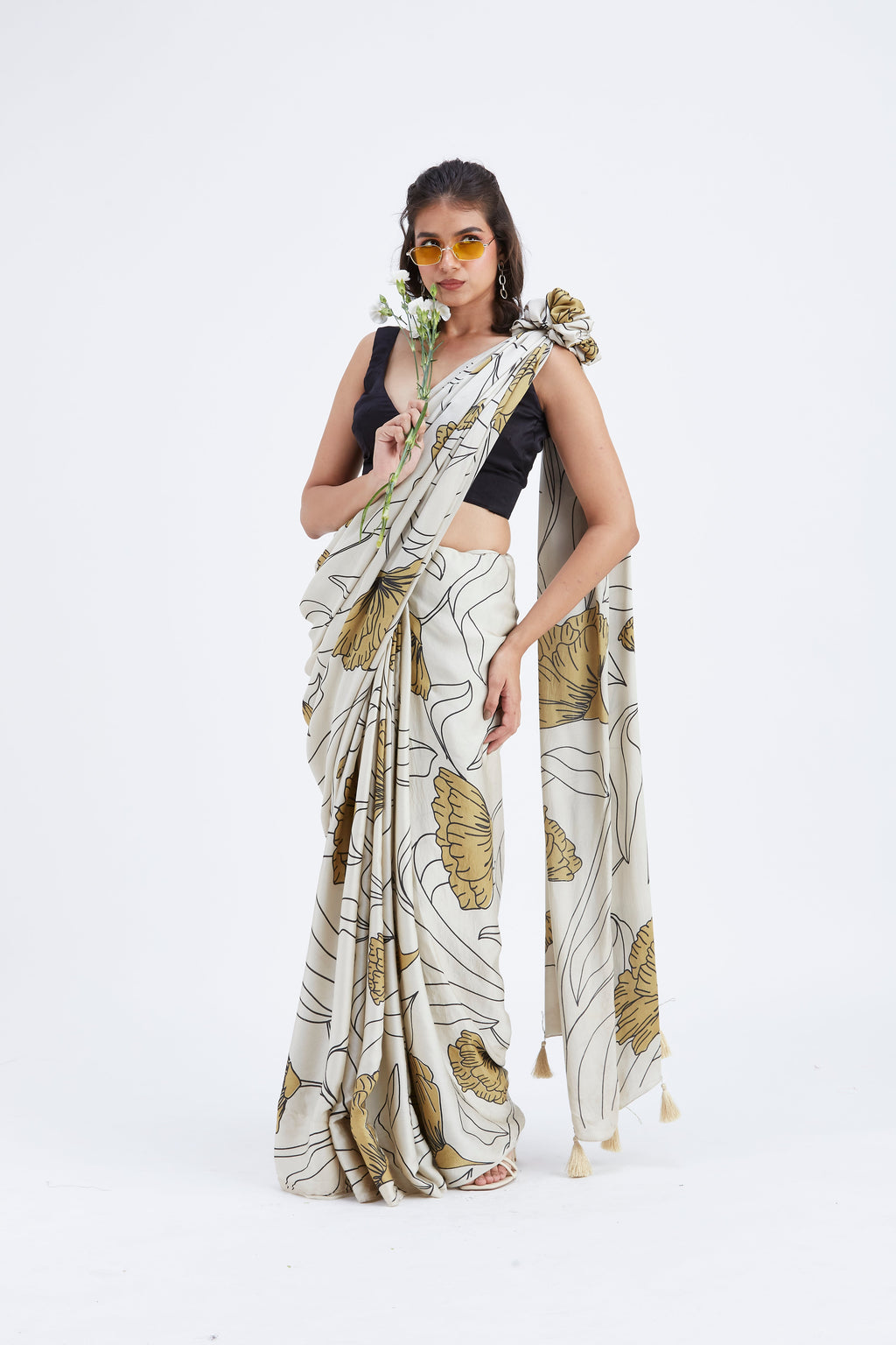 Kaia White Modal Saree at Kamakhyaa by Hasttvam. This item is Ete by Hasttvam, Floral Prints, Hand Printed, Modal, Under $50, Wedding Wear, White, Womenswear
