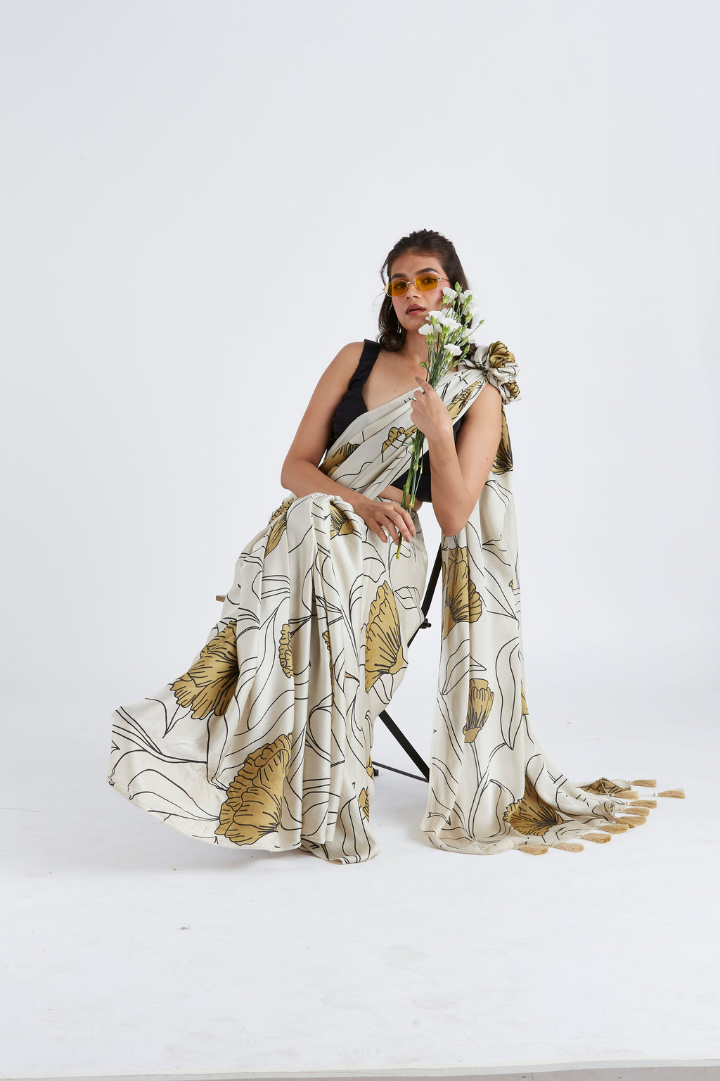 Kaia White Modal Saree at Kamakhyaa by Hasttvam. This item is Ete by Hasttvam, Floral Prints, Hand Printed, Modal, Under $50, Wedding Wear, White, Womenswear