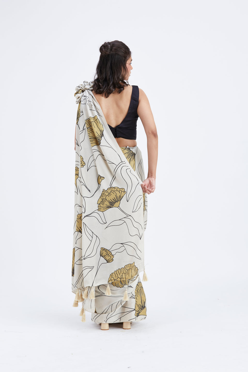 Kaia White Modal Saree at Kamakhyaa by Hasttvam. This item is Ete by Hasttvam, Floral Prints, Hand Printed, Modal, Under $50, Wedding Wear, White, Womenswear
