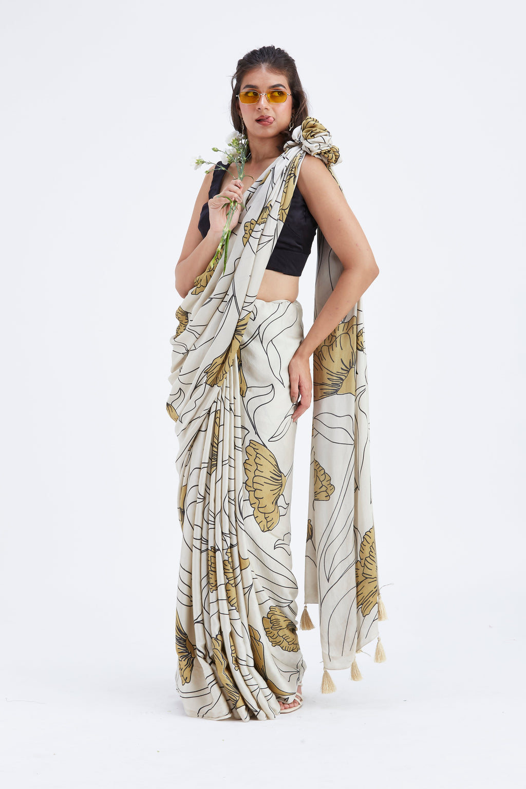 Kaia White Modal Saree at Kamakhyaa by Hasttvam. This item is Ete by Hasttvam, Floral Prints, Hand Printed, Modal, Under $50, Wedding Wear, White, Womenswear