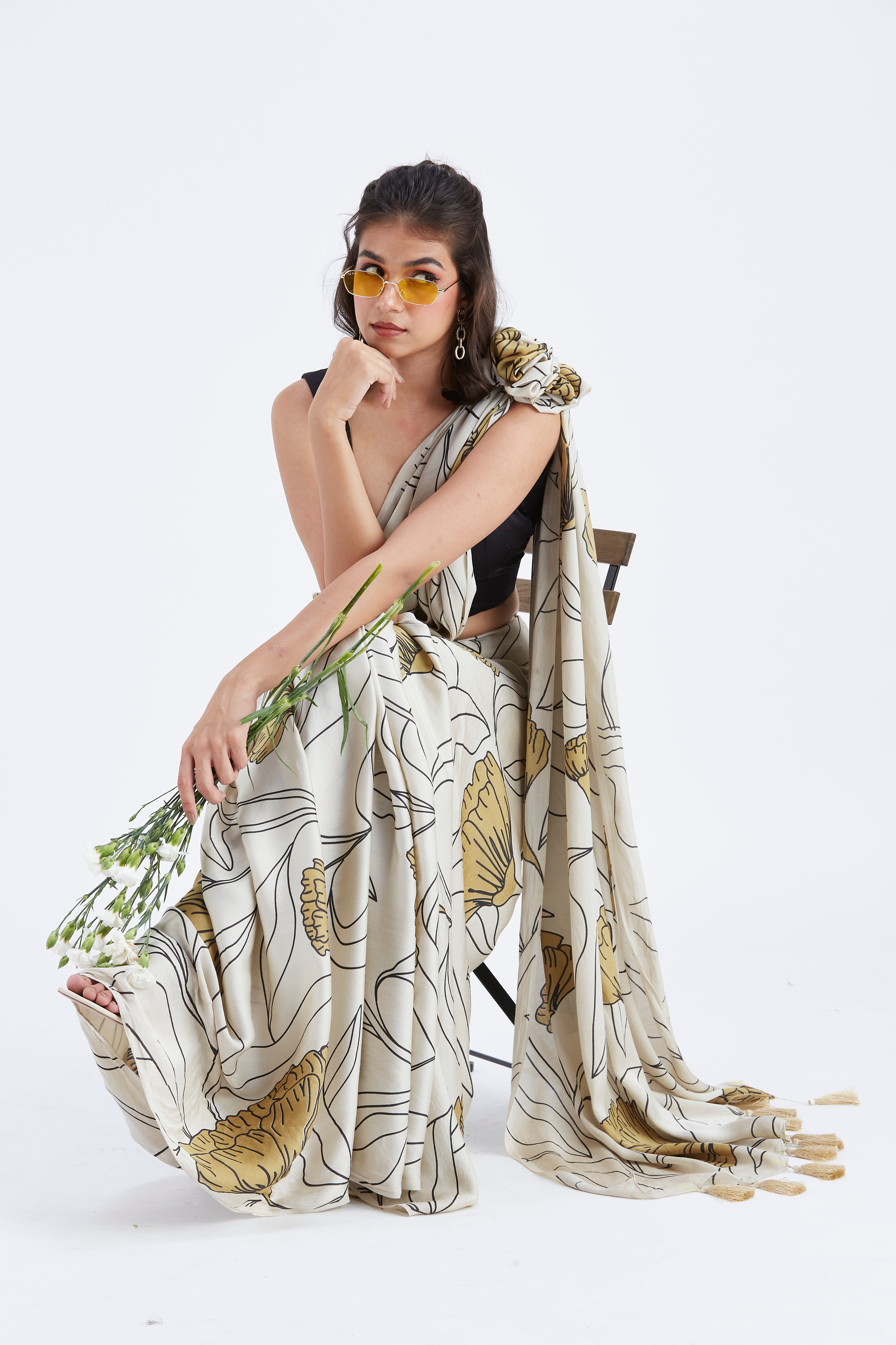 Kaia White Modal Saree at Kamakhyaa by Hasttvam. This item is Ete by Hasttvam, Floral Prints, Hand Printed, Modal, Under $50, Wedding Wear, White, Womenswear