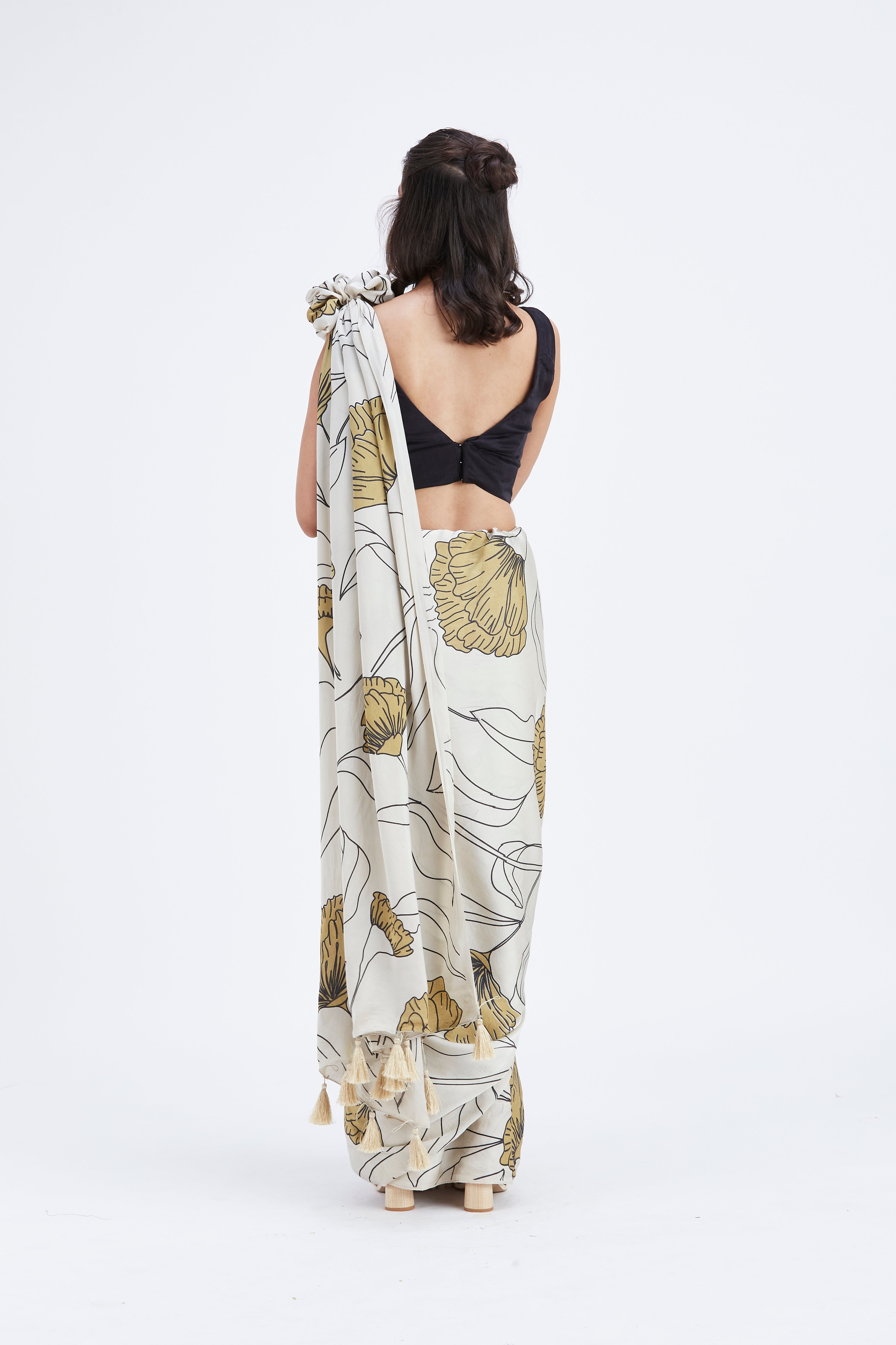 Kaia White Modal Saree at Kamakhyaa by Hasttvam. This item is Ete by Hasttvam, Floral Prints, Hand Printed, Modal, Under $50, Wedding Wear, White, Womenswear
