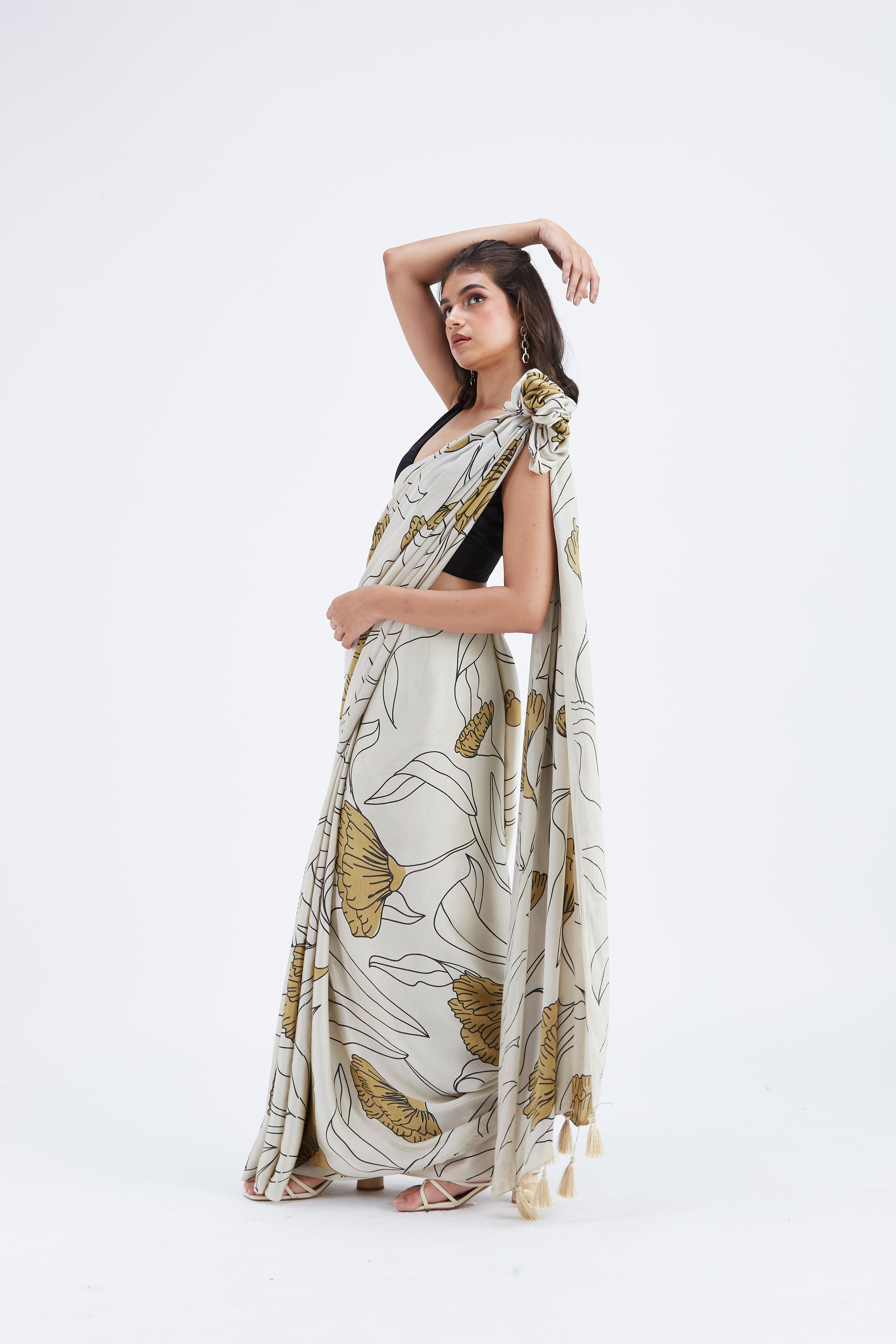 Kaia White Modal Saree at Kamakhyaa by Hasttvam. This item is Ete by Hasttvam, Floral Prints, Hand Printed, Modal, Under $50, Wedding Wear, White, Womenswear
