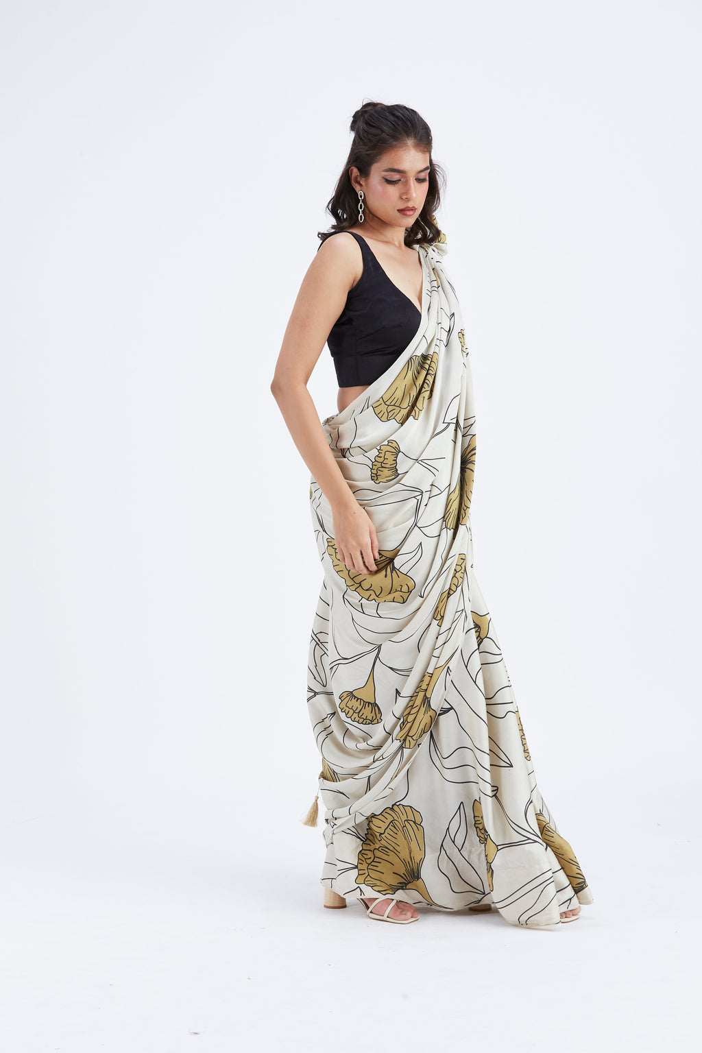 Kaia White Modal Saree at Kamakhyaa by Hasttvam. This item is Ete by Hasttvam, Floral Prints, Hand Printed, Modal, Under $50, Wedding Wear, White, Womenswear