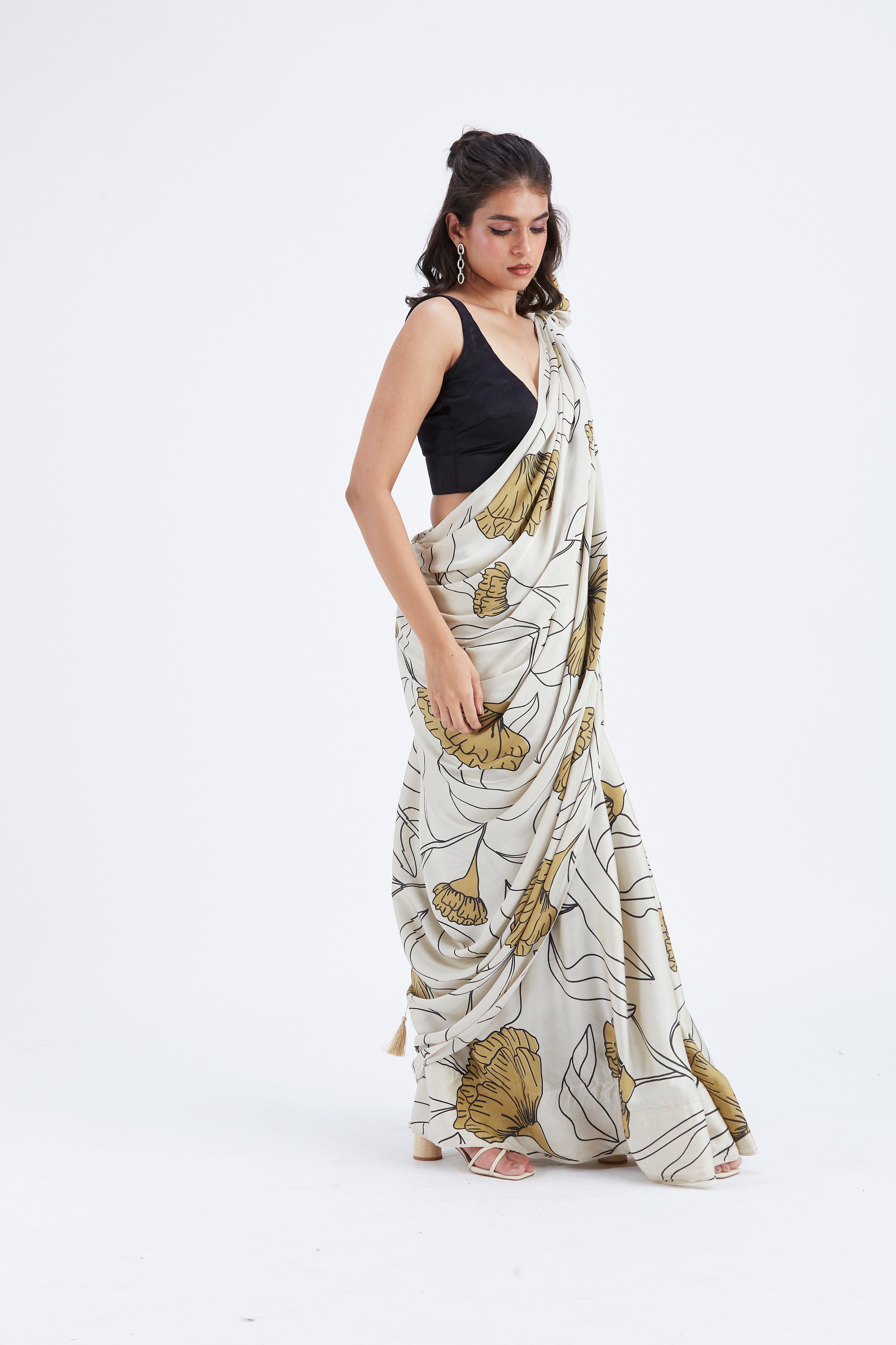 Kaia White Modal Saree at Kamakhyaa by Hasttvam. This item is Ete by Hasttvam, Floral Prints, Hand Printed, Modal, Under $50, Wedding Wear, White, Womenswear