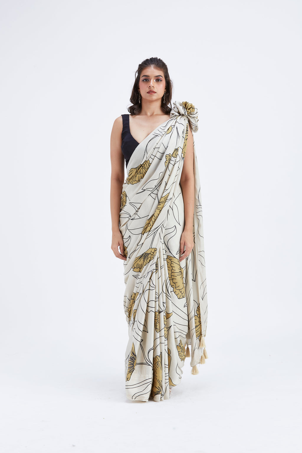 Kaia White Modal Saree at Kamakhyaa by Hasttvam. This item is Ete by Hasttvam, Floral Prints, Hand Printed, Modal, Under $50, Wedding Wear, White, Womenswear