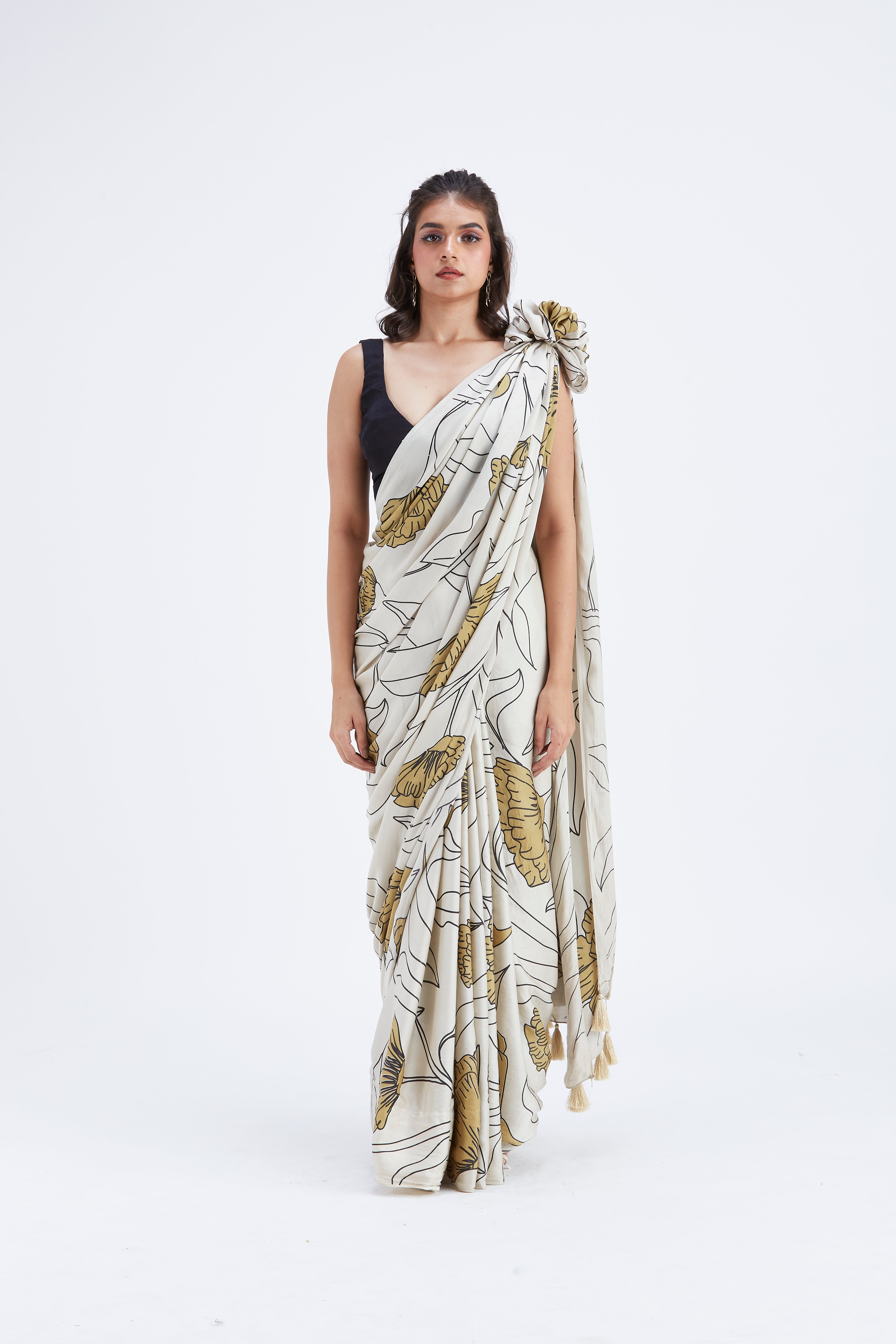 Kaia White Modal Saree at Kamakhyaa by Hasttvam. This item is Ete by Hasttvam, Floral Prints, Hand Printed, Modal, Under $50, Wedding Wear, White, Womenswear