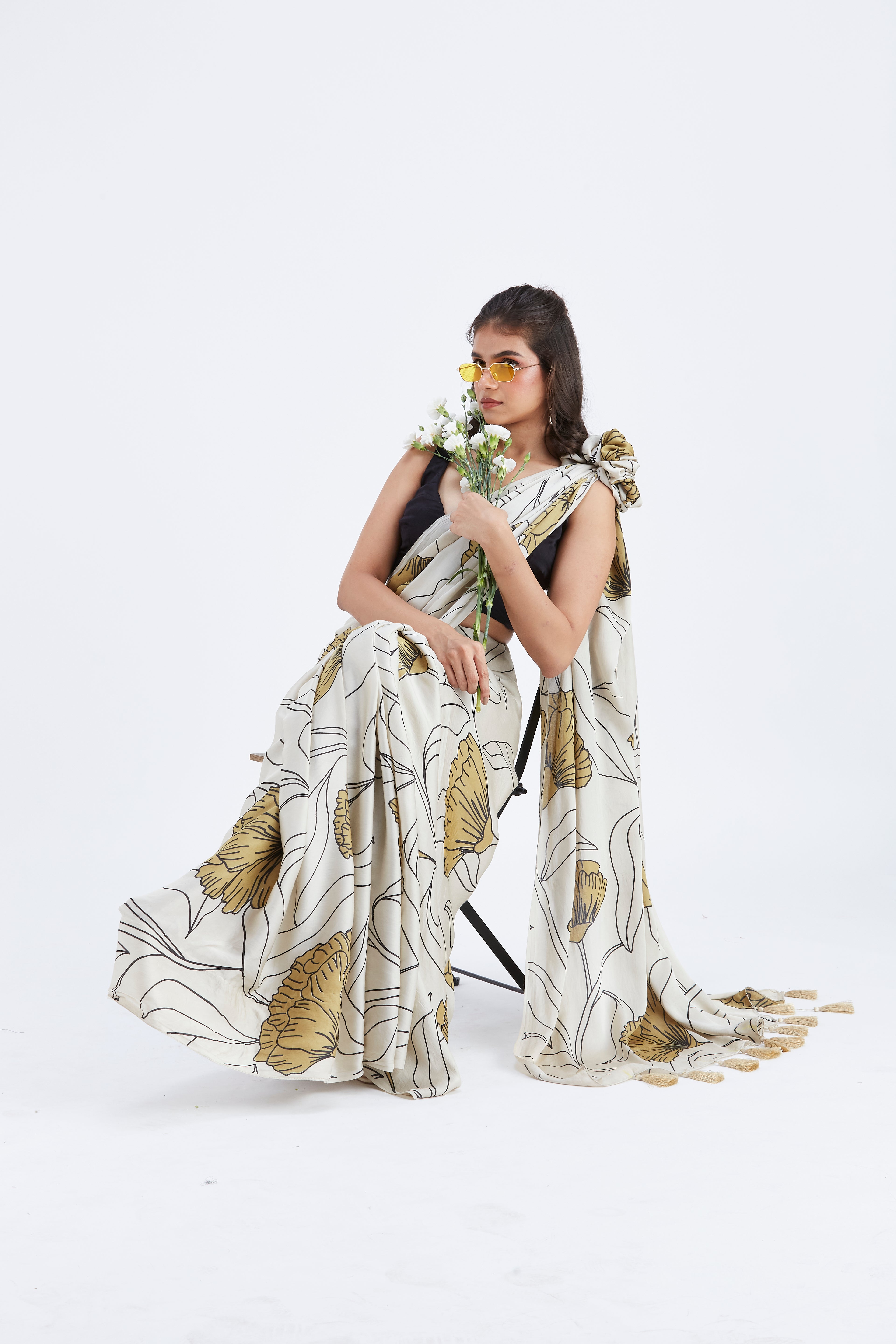 Kaia White Modal Saree at Kamakhyaa by Hasttvam. This item is Ete by Hasttvam, Floral Prints, Hand Printed, Modal, Under $50, Wedding Wear, White, Womenswear