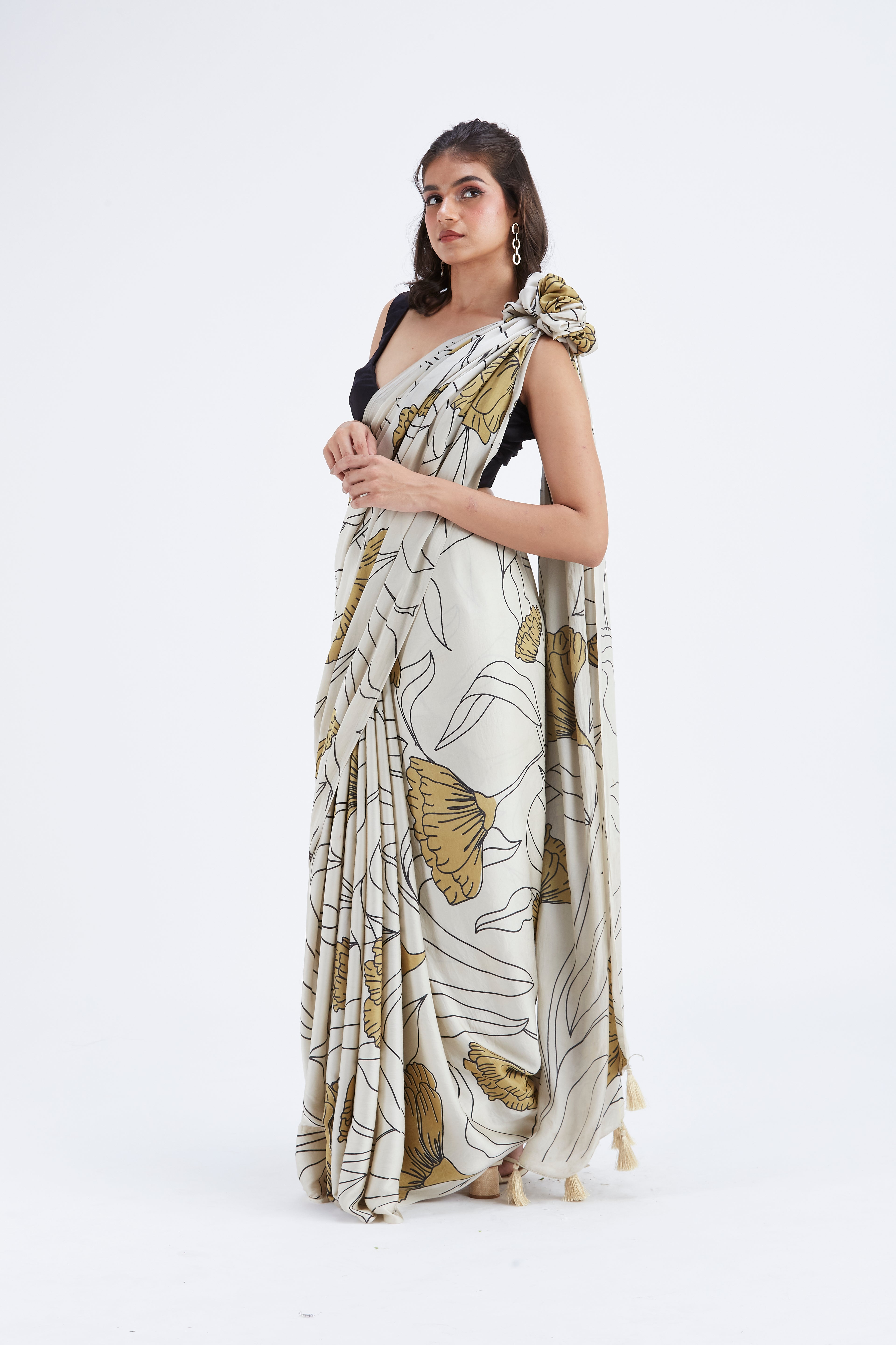 Kaia White Modal Saree at Kamakhyaa by Hasttvam. This item is Ete by Hasttvam, Floral Prints, Hand Printed, Modal, Under $50, Wedding Wear, White, Womenswear