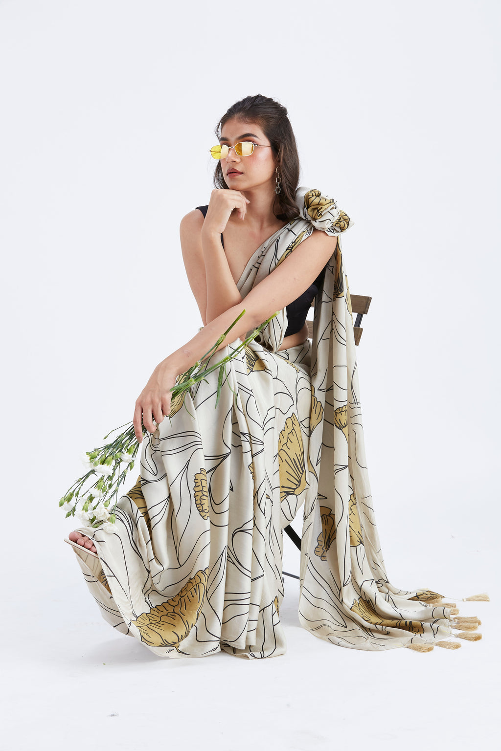 Kaia White Modal Saree at Kamakhyaa by Hasttvam. This item is Ete by Hasttvam, Floral Prints, Hand Printed, Modal, Under $50, Wedding Wear, White, Womenswear