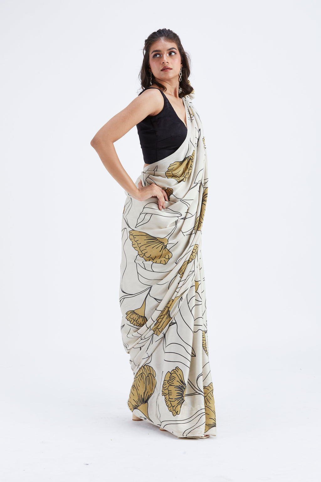 Kaia White Modal Saree at Kamakhyaa by Hasttvam. This item is Ete by Hasttvam, Floral Prints, Hand Printed, Modal, Under $50, Wedding Wear, White, Womenswear