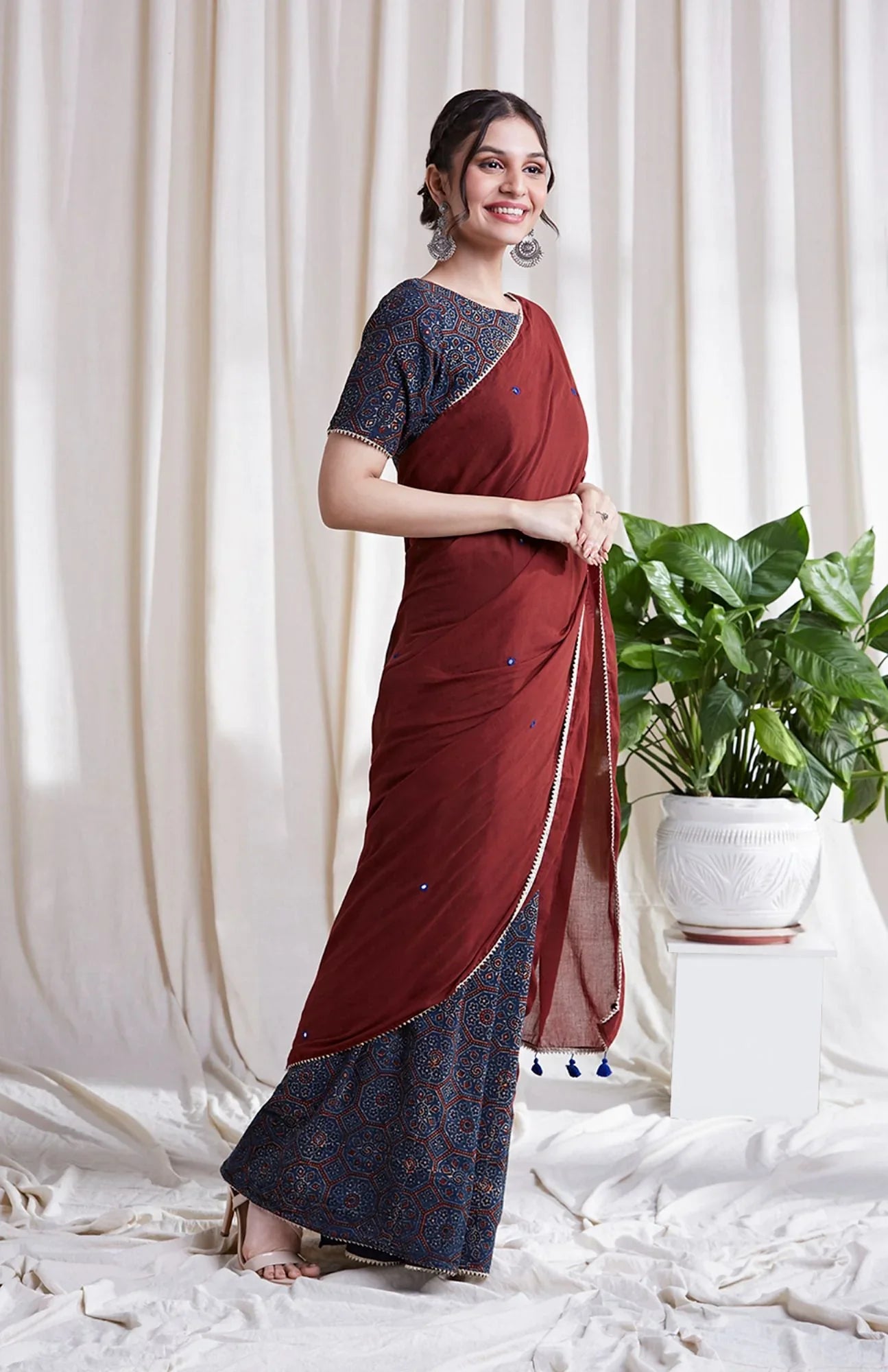 Kala Cotton Ajrakh Saree at Kamakhyaa by Hasttvam. This item is CottonFloralFestive WearRed & IndigoHandmade by artisans, Natural dyes, Relaxed Fit, Respondible production and Vegan