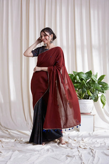 Kala Cotton Ajrakh Saree at Kamakhyaa by Hasttvam. This item is CottonFloralFestive WearRed & IndigoHandmade by artisans, Natural dyes, Relaxed Fit, Respondible production and Vegan