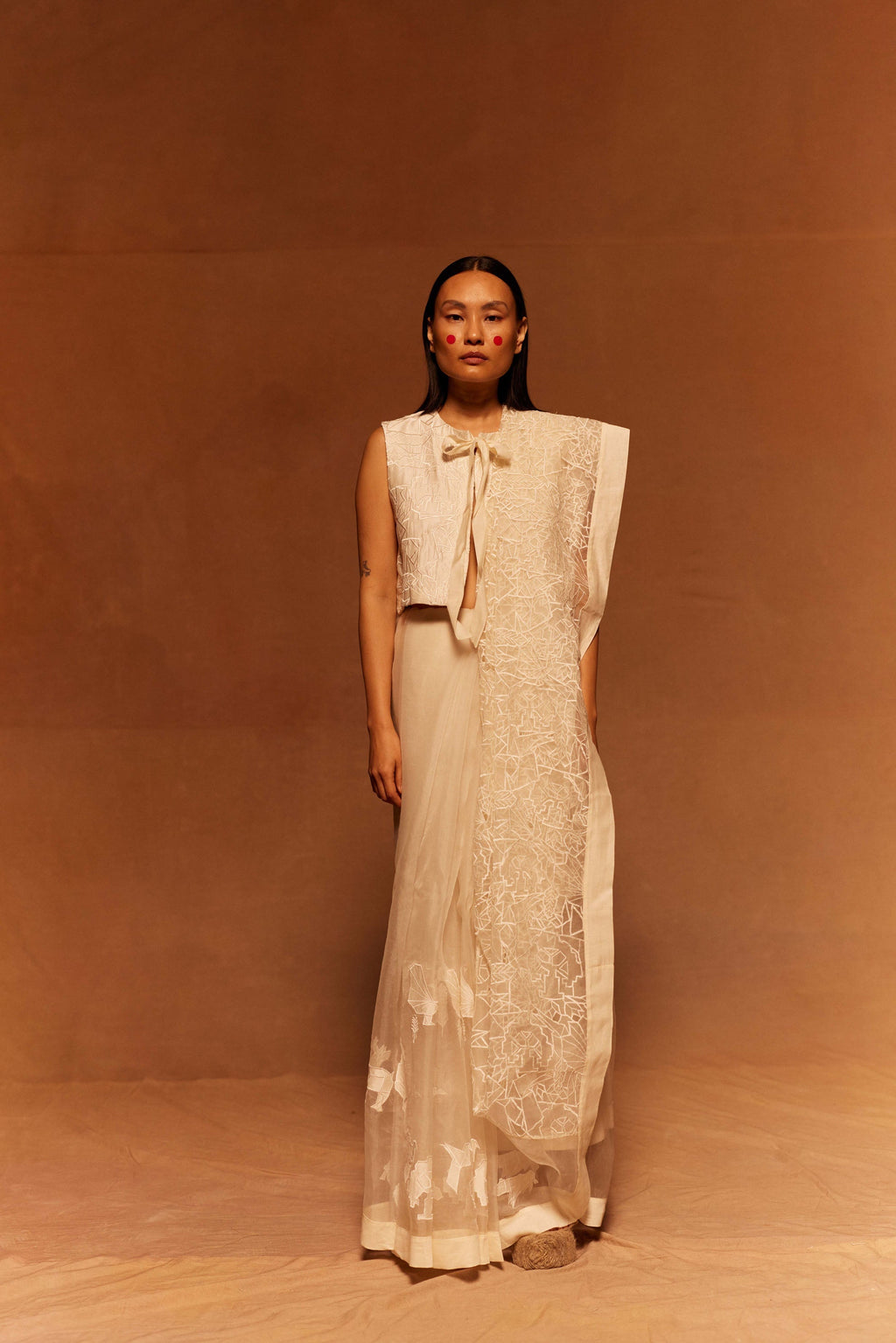 Kanpeki Organza Saree at Kamakhyaa by Ahmev. This item is Applique Work, Cotton Silk, Festive Wear, Ivory, Maximum Minimum by Ahmev, Missing image, Relaxed Fit, Saree, Silk Organza, Womenswear