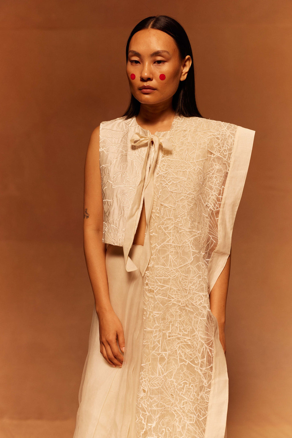 Kanpeki Organza Saree at Kamakhyaa by Ahmev. This item is Applique Work, Cotton Silk, Festive Wear, Ivory, Maximum Minimum by Ahmev, Missing image, Relaxed Fit, Saree, Silk Organza, Womenswear