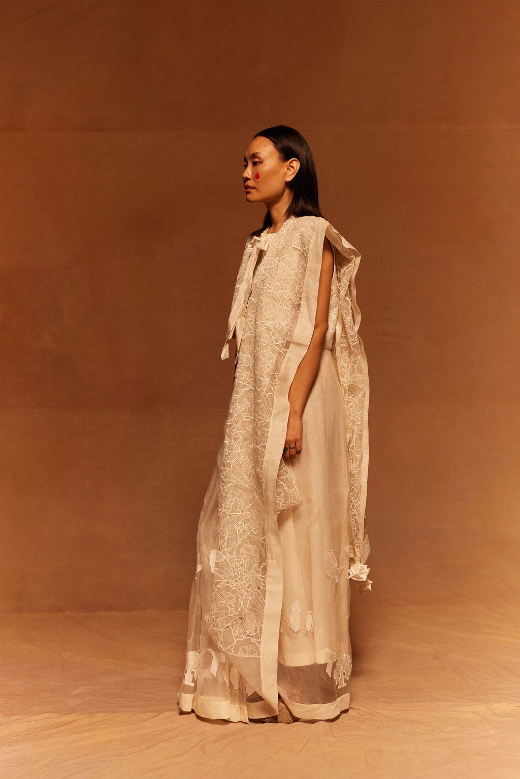 Kanpeki Organza Saree at Kamakhyaa by Ahmev. This item is Applique Work, Cotton Silk, Festive Wear, Ivory, Maximum Minimum by Ahmev, Missing image, Relaxed Fit, Saree, Silk Organza, Womenswear