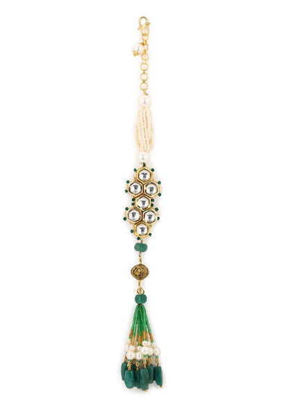 Kashti Bracelet Green at Kamakhyaa by House Of Heer. This item is Alloy Metal, Bracelets, Festive Wear, Free Size, Gemstone, jewelry, Multicolor, Natural, Pearl, rakhis & lumbas, Textured