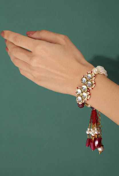 Kashti Bracelet Red at Kamakhyaa by House Of Heer. This item is Alloy Metal, Bracelets, Festive Wear, Free Size, jewelry, Multicolor, Natural, Pearl, rakhis & lumbas, Textured
