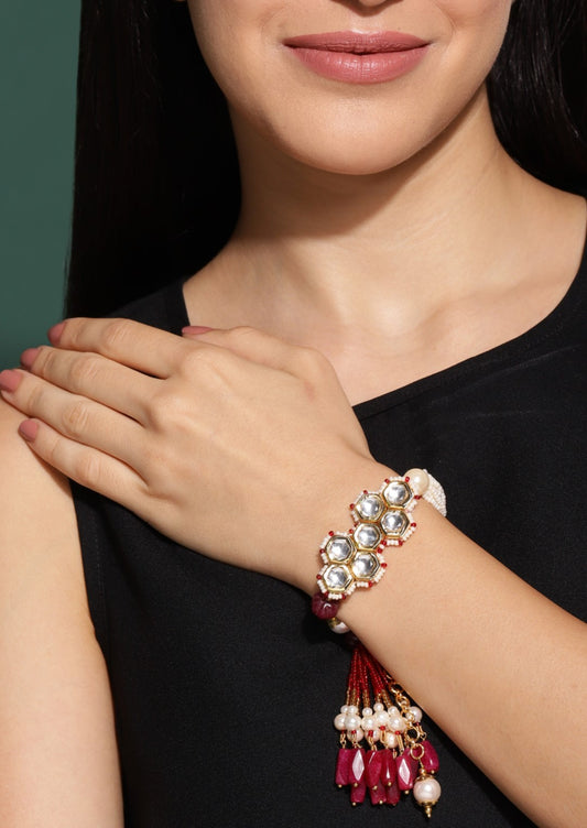 Kashti Bracelet Red at Kamakhyaa by House Of Heer. This item is Alloy Metal, Bracelets, Festive Wear, Free Size, jewelry, Multicolor, Natural, Pearl, rakhis & lumbas, Textured