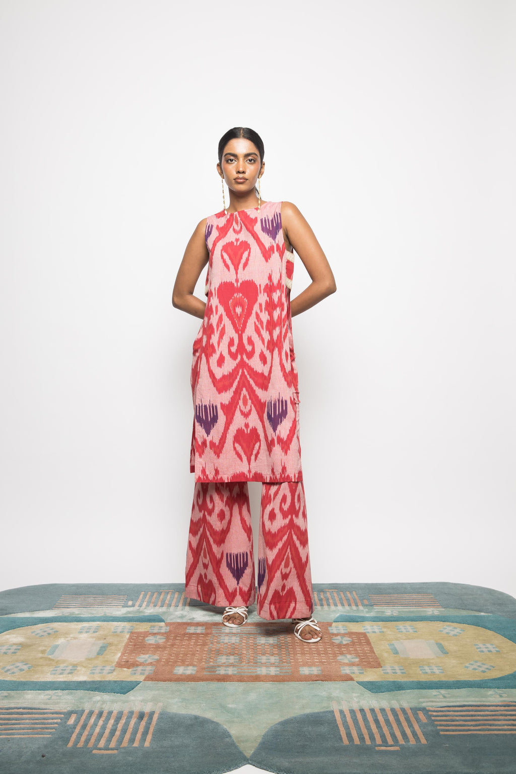 Kick & Flare Pants at kamakhyaa.com by Anushé Pirani. This item is 100% Cotton, Beach Wear, Brunch Wear, Casual Wear, Console Collection List, Cotton, Fresh Ink by Anushe Pirani, Handwoven cotton, Ikat Prints, Light Pink, Pink, Regular Fit, Resort Wear, Vacation Wear, Womenswear