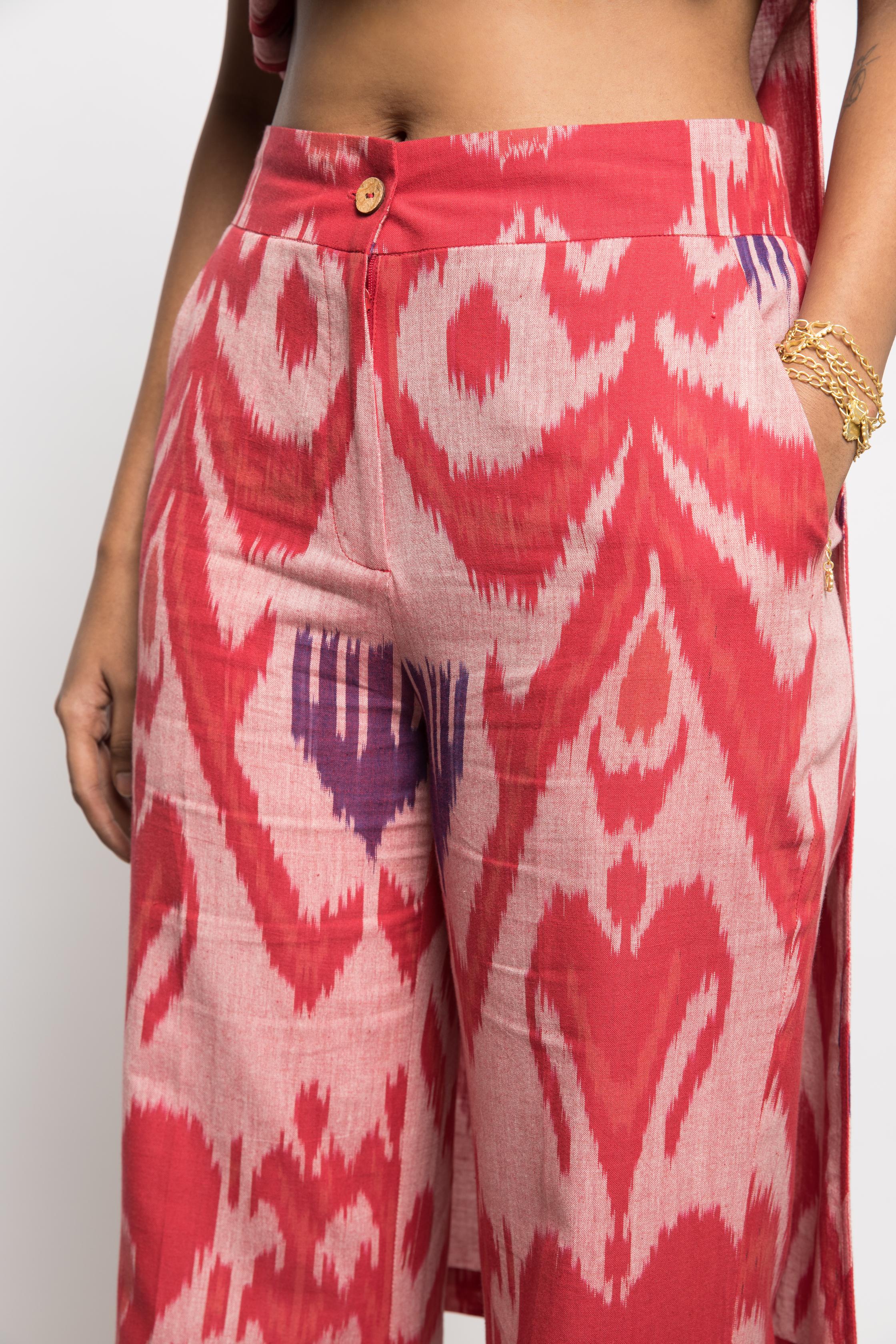 Kick & Flare Pants at kamakhyaa.com by Anushé Pirani. This item is 100% Cotton, Beach Wear, Brunch Wear, Casual Wear, Console Collection List, Cotton, Fresh Ink by Anushe Pirani, Handwoven cotton, Ikat Prints, Light Pink, Pink, Regular Fit, Resort Wear, Vacation Wear, Womenswear