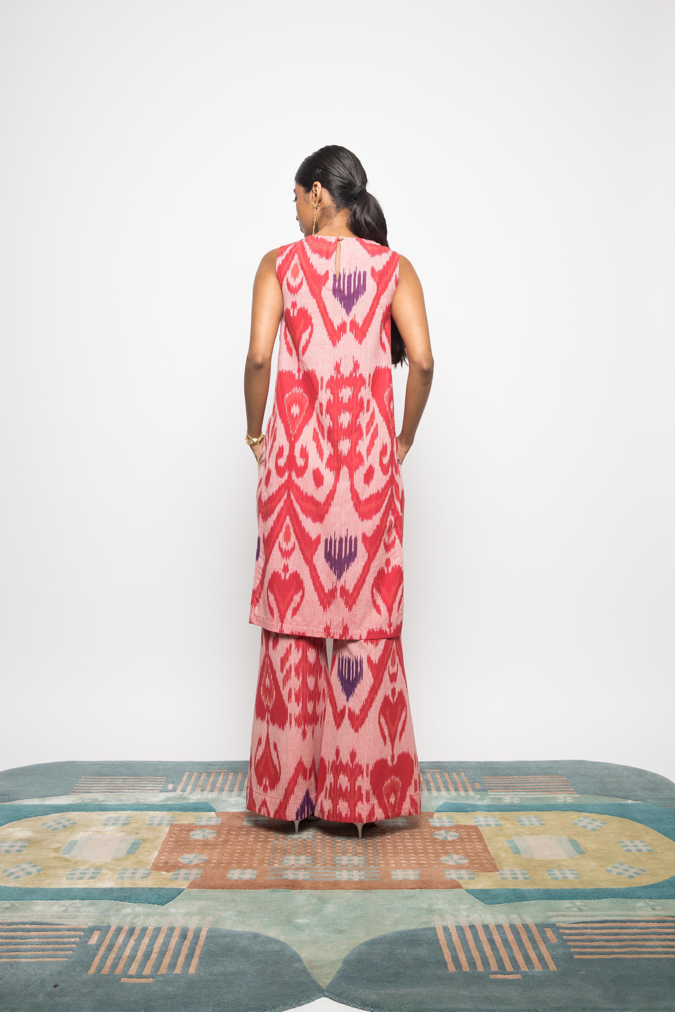 Kick & Flare Pants at kamakhyaa.com by Anushé Pirani. This item is 100% Cotton, Beach Wear, Brunch Wear, Casual Wear, Console Collection List, Cotton, Fresh Ink by Anushe Pirani, Handwoven cotton, Ikat Prints, Light Pink, Pink, Regular Fit, Resort Wear, Vacation Wear, Womenswear