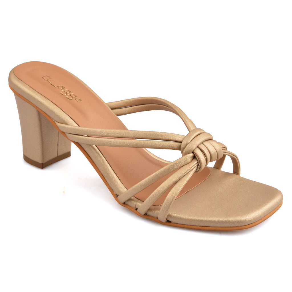 Knot Gold Heels at Kamakhyaa by EK_agga. This item is Evening Special Footwear, Gold, heels, Knot, missing, Open Toes Footwear, Sangeet Function Footwear, Square Toe Footwear, Under $50, Wedding Wear Footwear