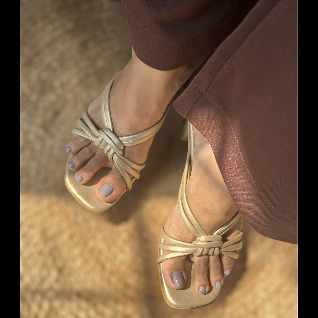 Knot Gold Heels at Kamakhyaa by EK_agga. This item is Evening Special Footwear, Gold, heels, Knot, missing, Open Toes Footwear, Sangeet Function Footwear, Square Toe Footwear, Under $50, Wedding Wear Footwear