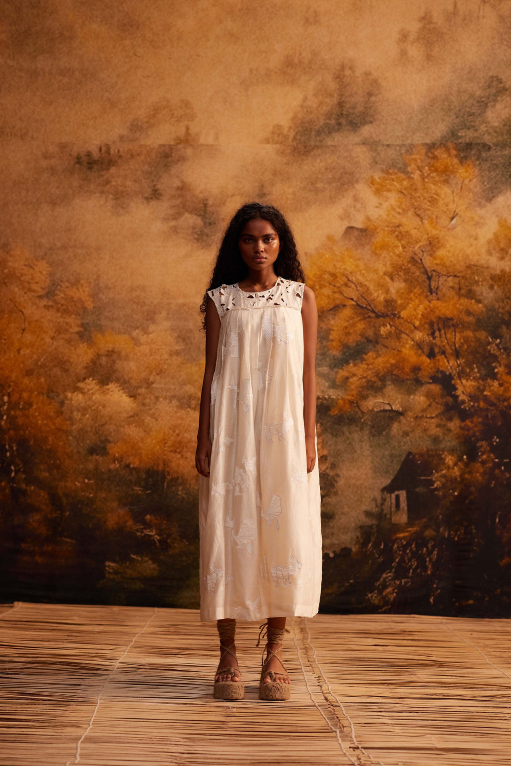 Kujaku Knife Pleat Dress at Kamakhyaa by Ahmev. This item is Cotton Silk, Dress, Embroidered, Ivory, Maximum Minimum by Ahmev, Relaxed Fit, Womenswear