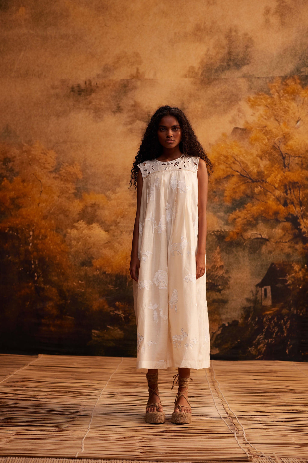 Kujaku Knife Pleat Dress at Kamakhyaa by Ahmev. This item is Cotton Silk, Dress, Embroidered, Ivory, Maximum Minimum by Ahmev, Relaxed Fit, Womenswear