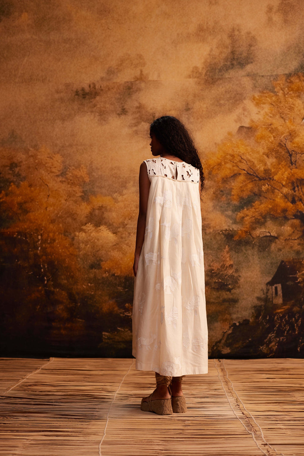 Kujaku Knife Pleat Dress at Kamakhyaa by Ahmev. This item is Cotton Silk, Dress, Embroidered, Ivory, Maximum Minimum by Ahmev, Relaxed Fit, Womenswear