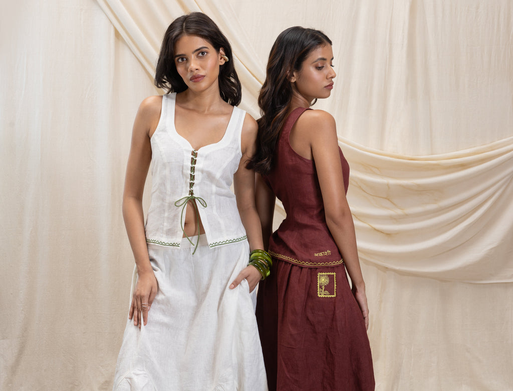 Lace up corset top at Kamakhyaa by Akashi Clothing. This item is 100% Linen, Regular Fit, Solid Selfmade, Solids, The Stamp Edit By Akashi Clothing, Under $100