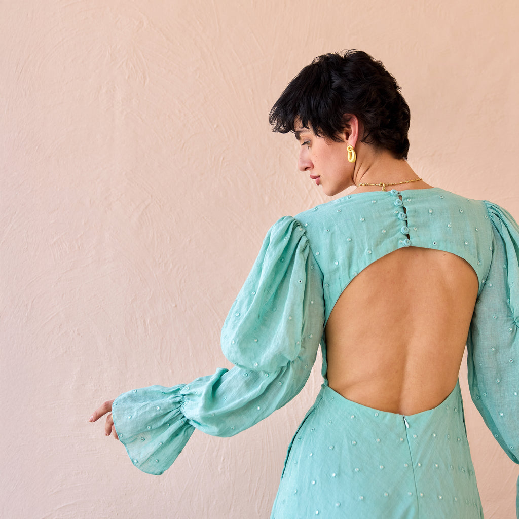 Lagoon Light at Kamakhyaa by The Loom Art. This item is Fluer De Code by The Loom Art, Hand embroidered, Linen, Mirror Work, Organic, Sheath Dresses, Turquoise