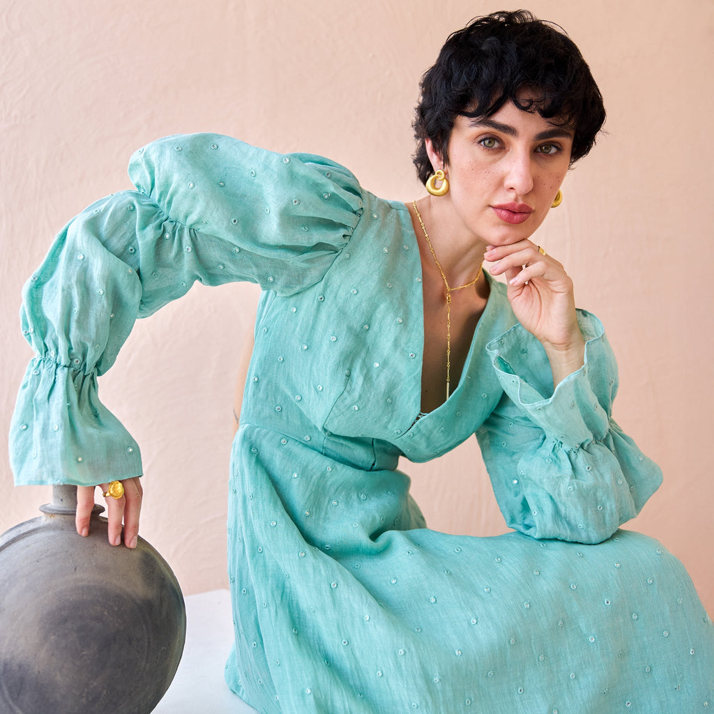 Lagoon Light at Kamakhyaa by The Loom Art. This item is Fluer De Code by The Loom Art, Hand embroidered, Linen, Mirror Work, Organic, Sheath Dresses, Turquoise