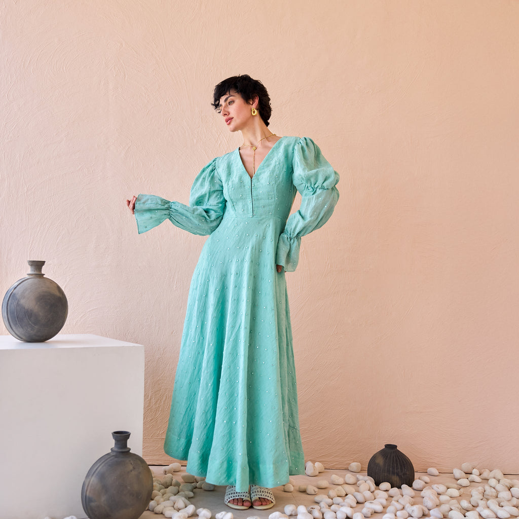 Lagoon Light at Kamakhyaa by The Loom Art. This item is Fluer De Code by The Loom Art, Hand embroidered, Linen, Mirror Work, Organic, Sheath Dresses, Turquoise