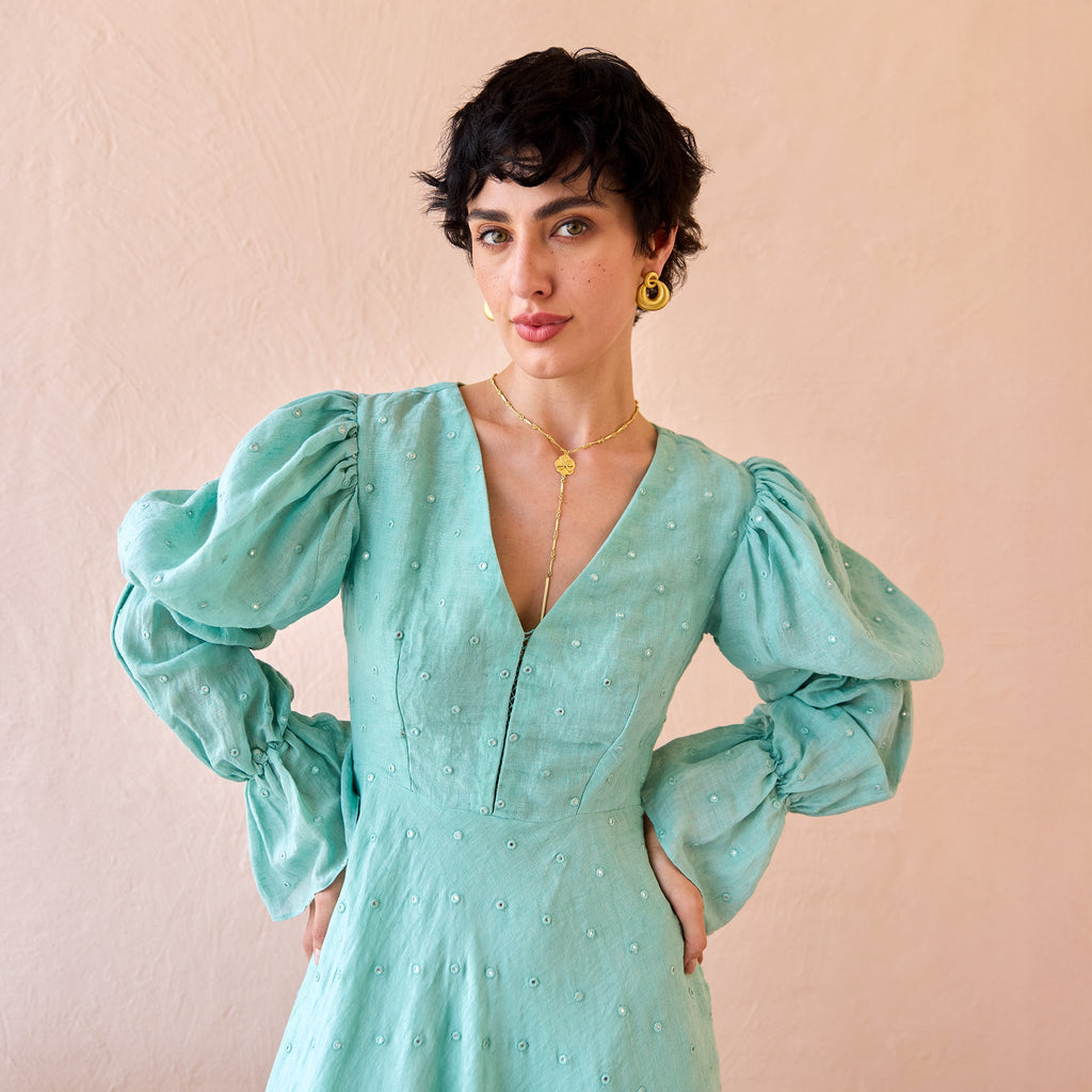 Lagoon Light at Kamakhyaa by The Loom Art. This item is Fluer De Code by The Loom Art, Hand embroidered, Linen, Mirror Work, Organic, Sheath Dresses, Turquoise